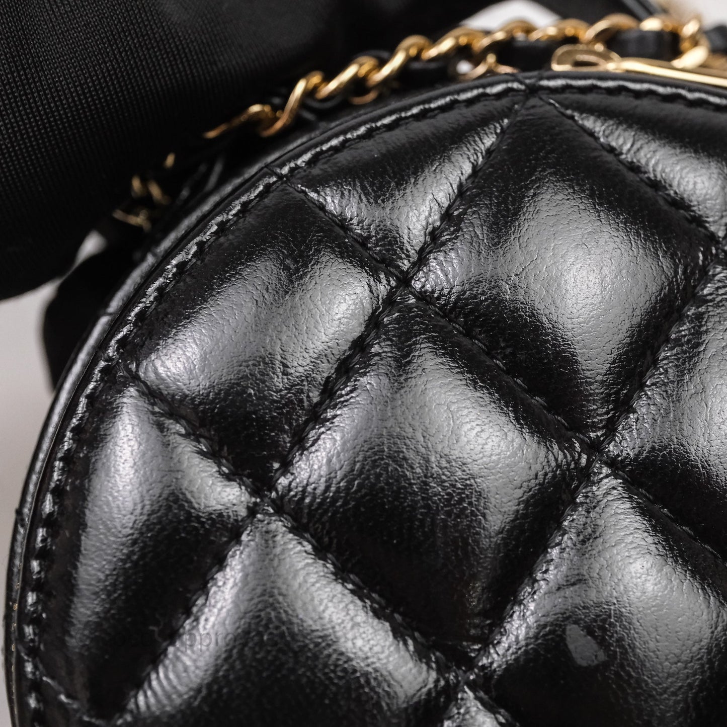 Chanel Mini Round Vanity Bag Handle With Care Black Glazed Lambskin Gold Hardware
