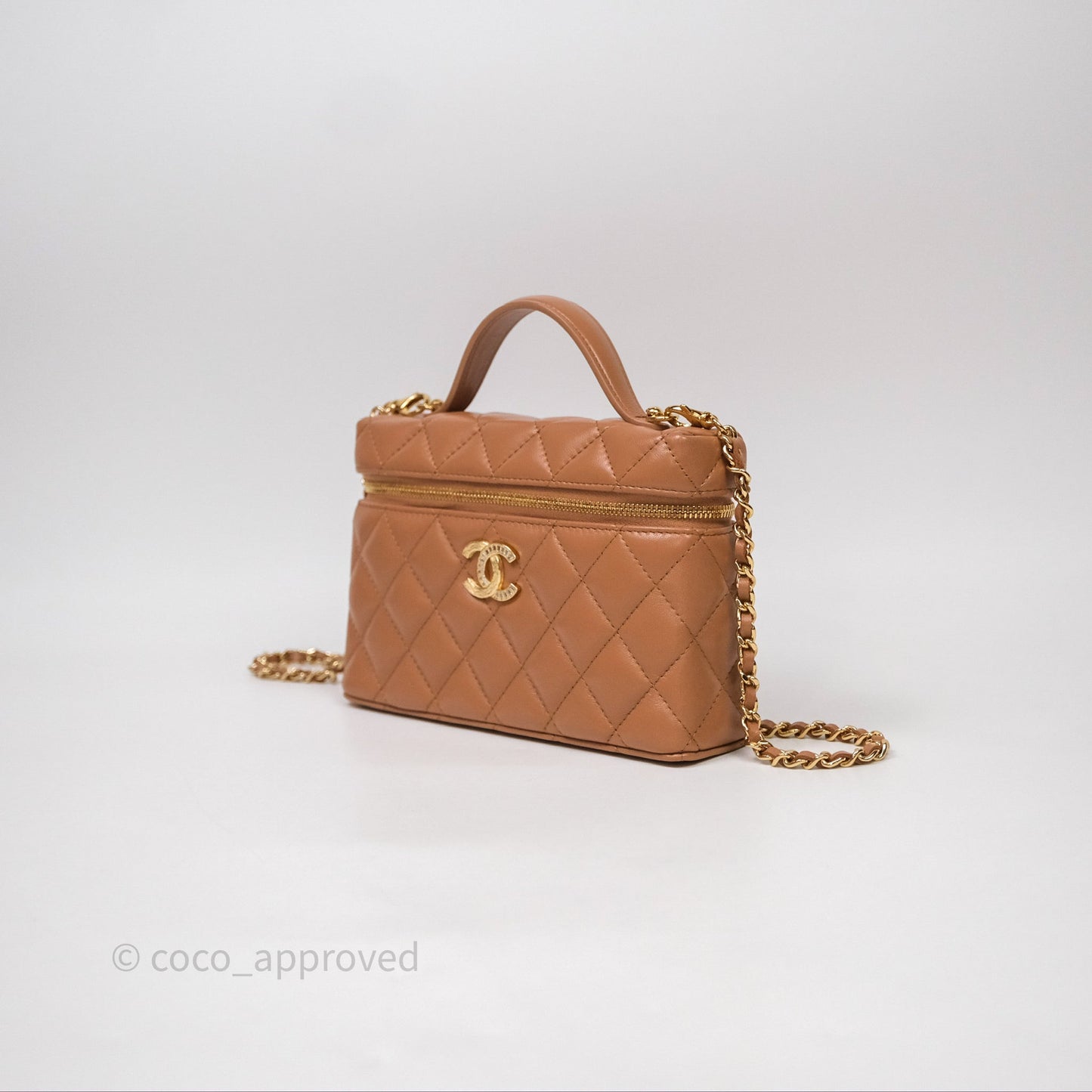 Chanel Top Handle Long Vanity with Chain Caramel Beige Lambskin Gold Hardware 25B