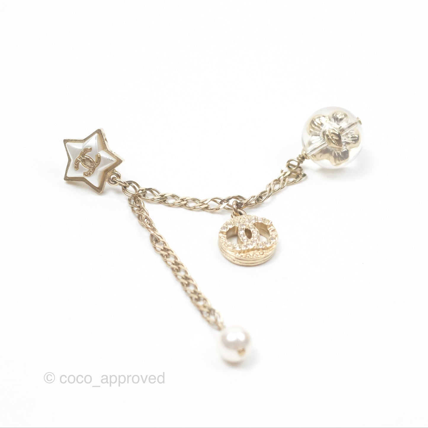 Chanel Star Crystal CC Pearl Ball Drop Earrings Gold Tone 19K