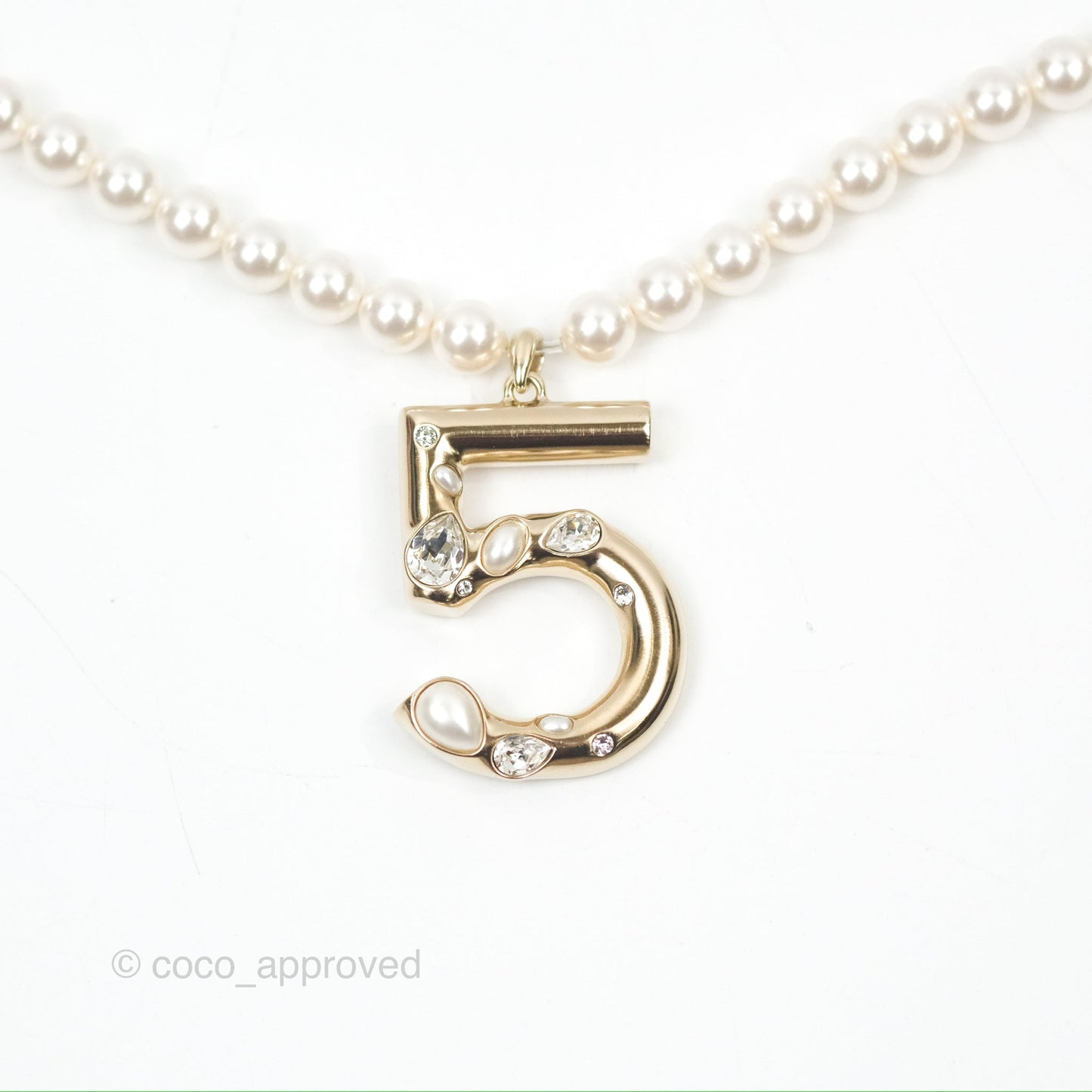 Chanel Crystal CC No.5 Pearl Necklace Gold Tone 21S