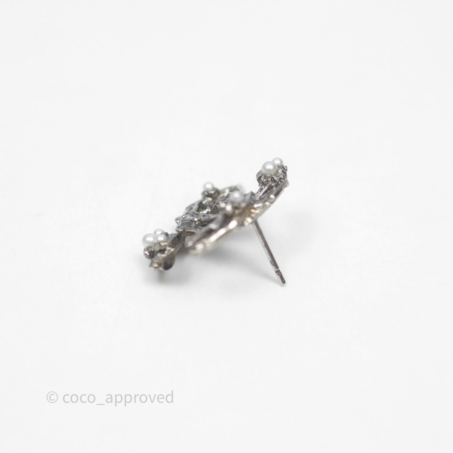 Chanel CC Pearl Earrings Ruthenium Tone 14P