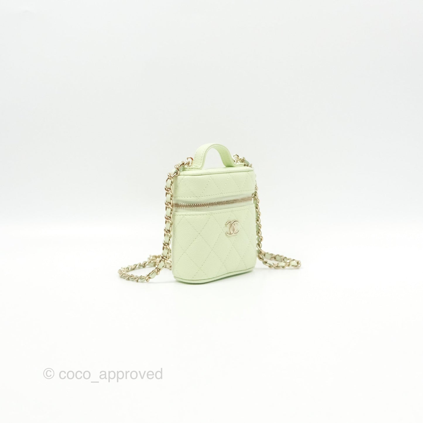Chanel Quilted Small Handle With Care Vanity Case With Chain Green Caviar Gold Hardware