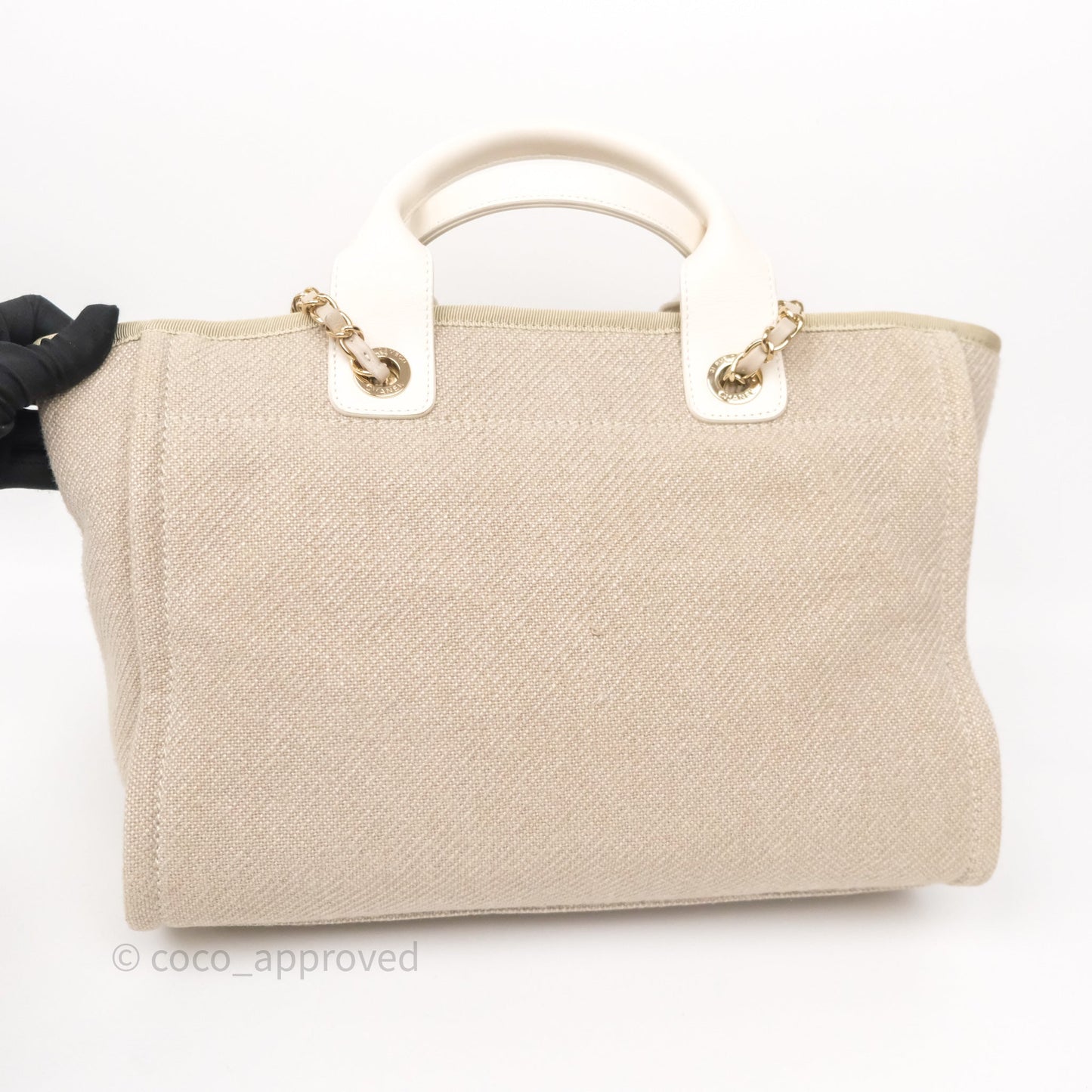 Chanel New Small Deauville Tote Beige Canvas Gold Hardware