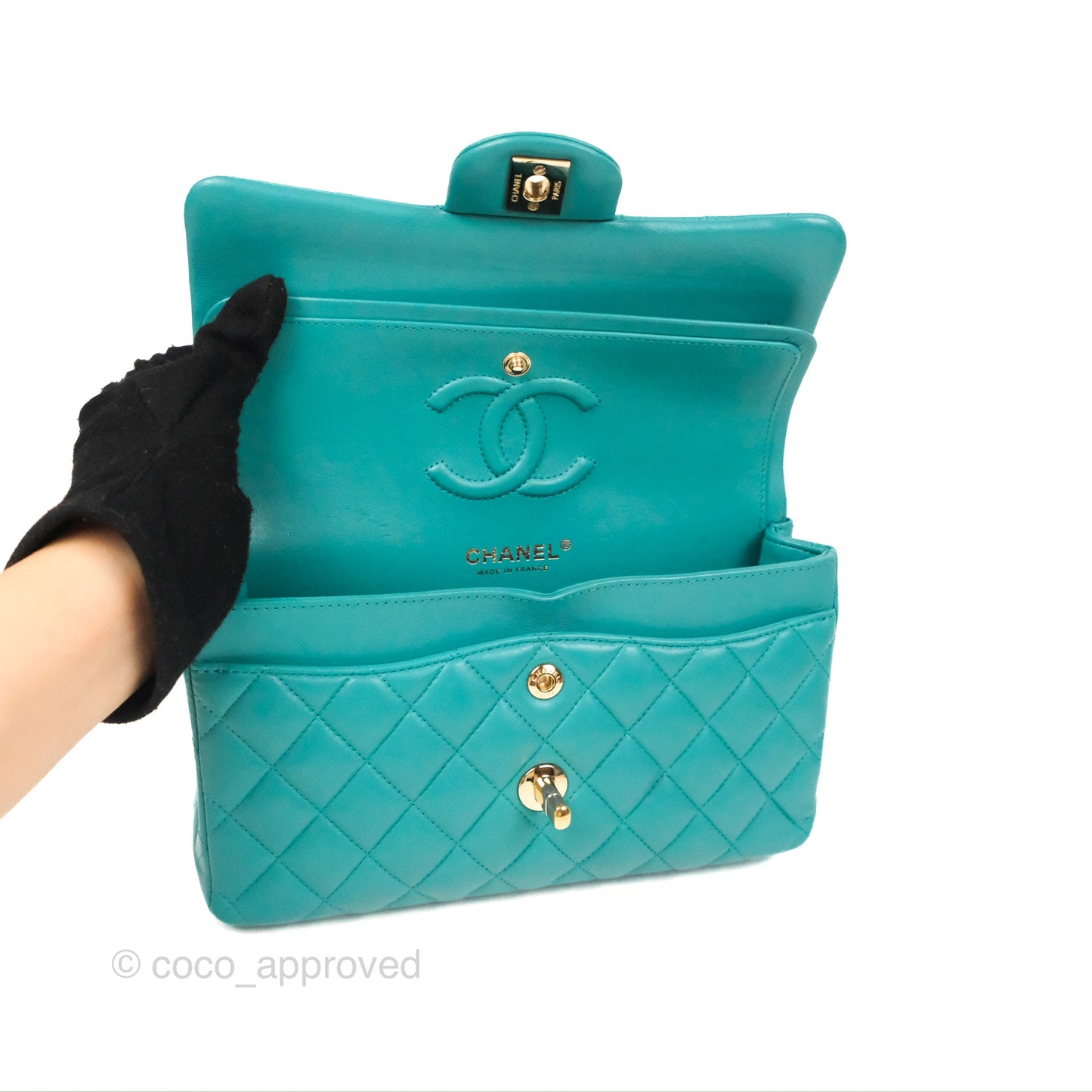 Chanel Small Classic Quilted Flap Turquoise Lambskin Gold Hardware