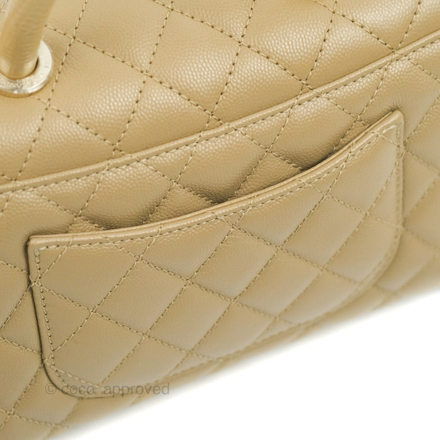 Chanel Small Coco Handle Quilted Dark Beige Caviar Gold Hardware Lizard Handle