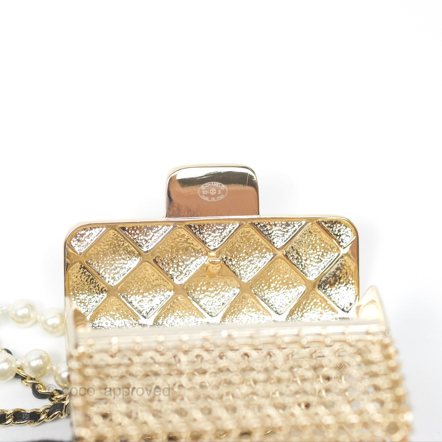 Chanel Flap Bag Charm Pearl Chain Black Leather Long Necklace Gold Tone 21S