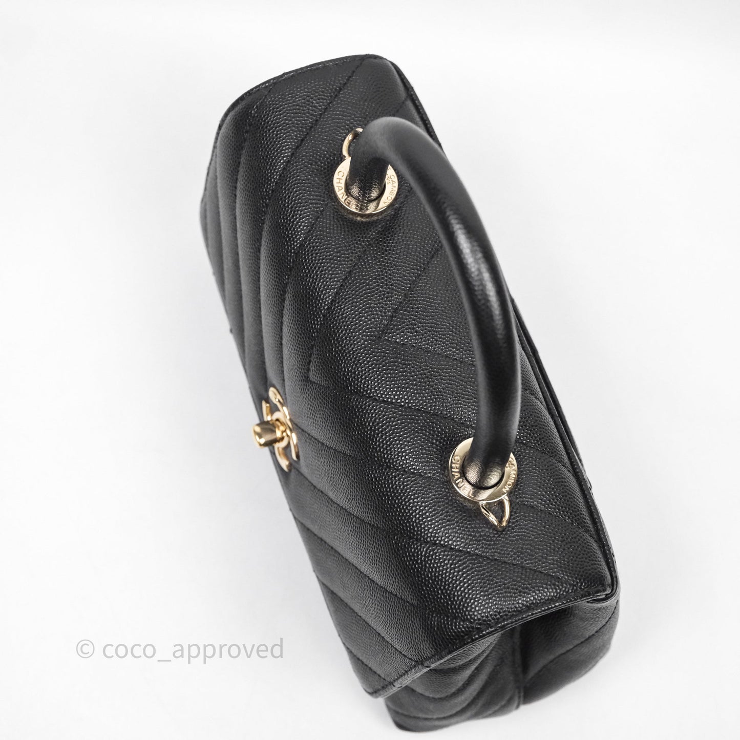 Chanel Small Coco Handle Chevron Black Caviar Gold Hardware Lizard Handle