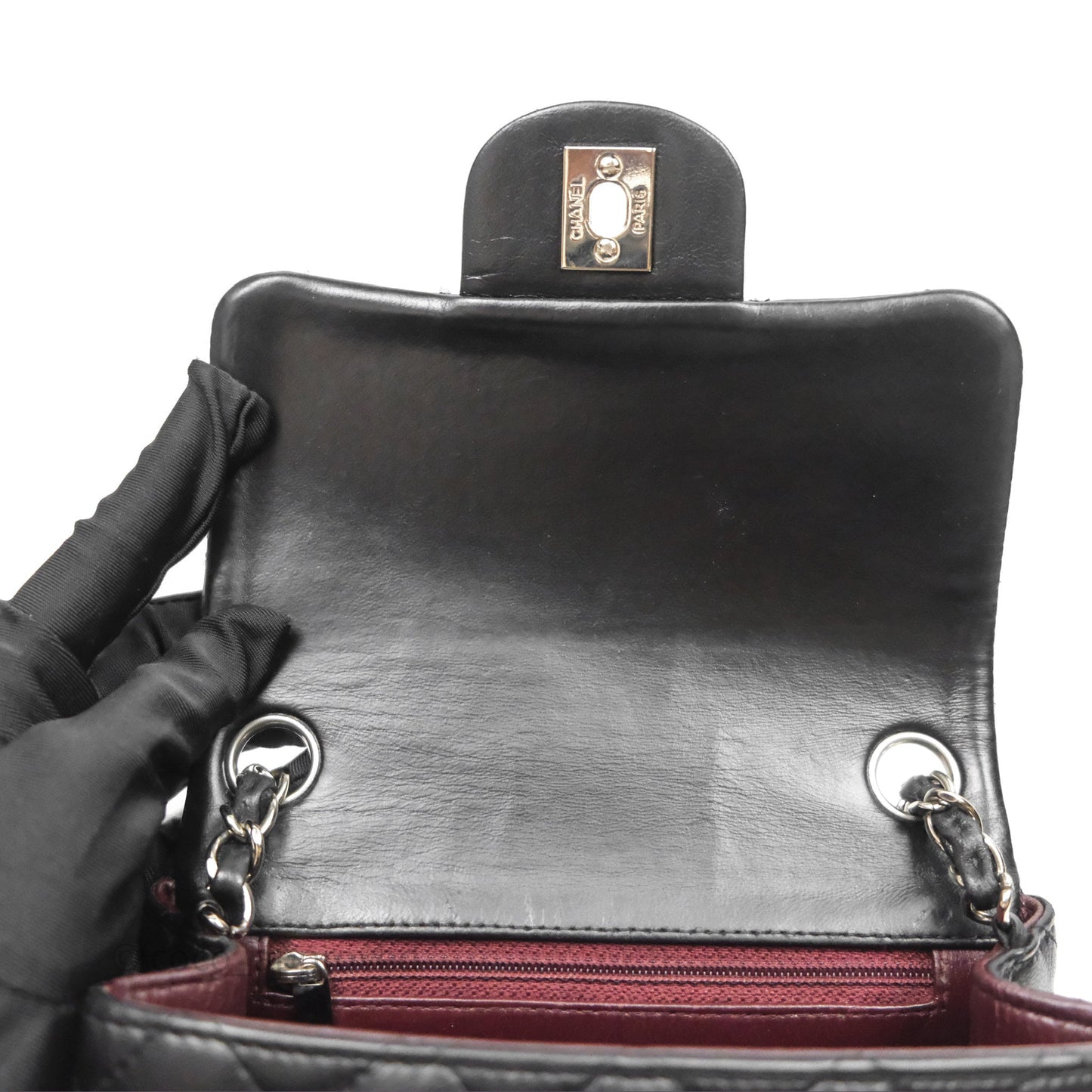 Chanel Mini Square Flap Quilted Black Lambskin Silver Hardware