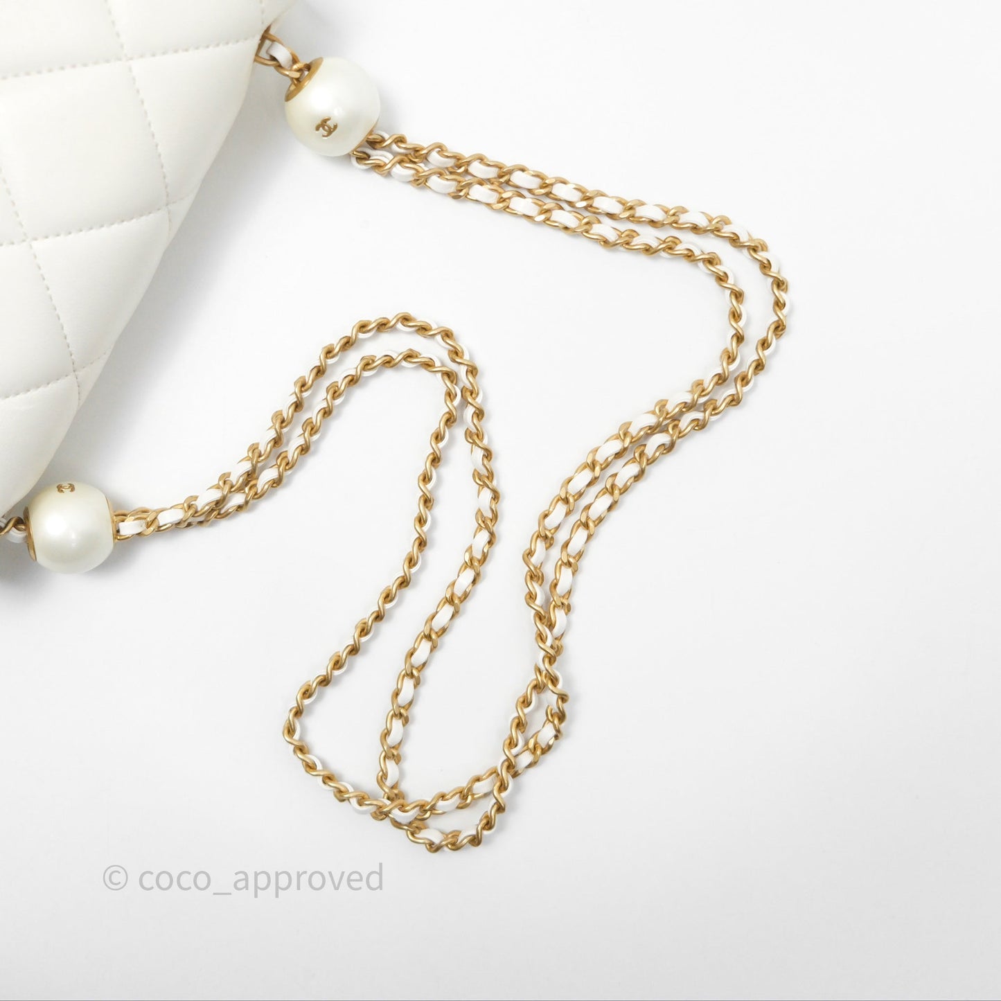 Chanel Quilted Double Pearl Adjustable Chain Flap Bag White Lambskin Aged Gold Hardware 24S