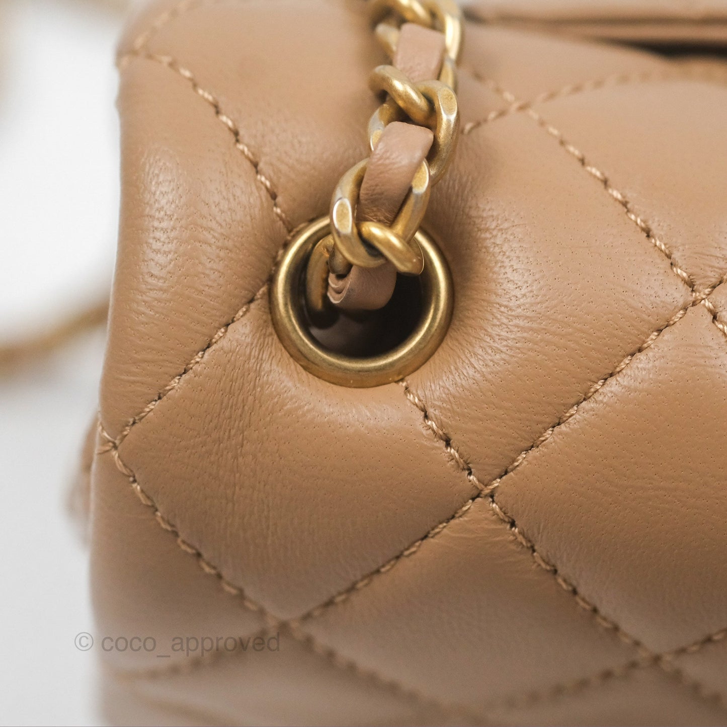 Chanel Mini Rectangular Pearl Crush Quilted Beige Lambskin Aged Gold Hardware