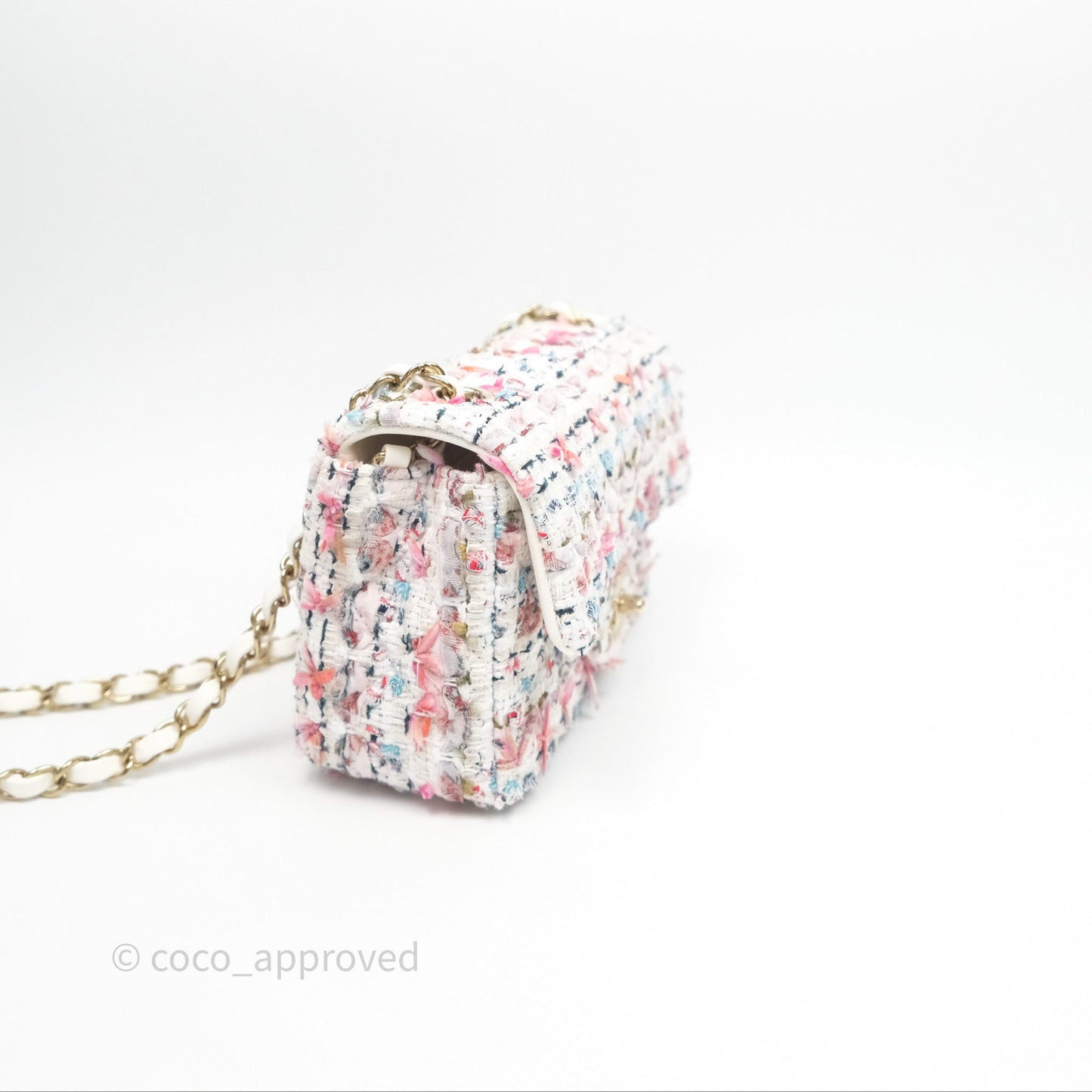 Chanel Tweed Quilted Mini Rectangular Flap Pink Tweed Gold Hardware 22K