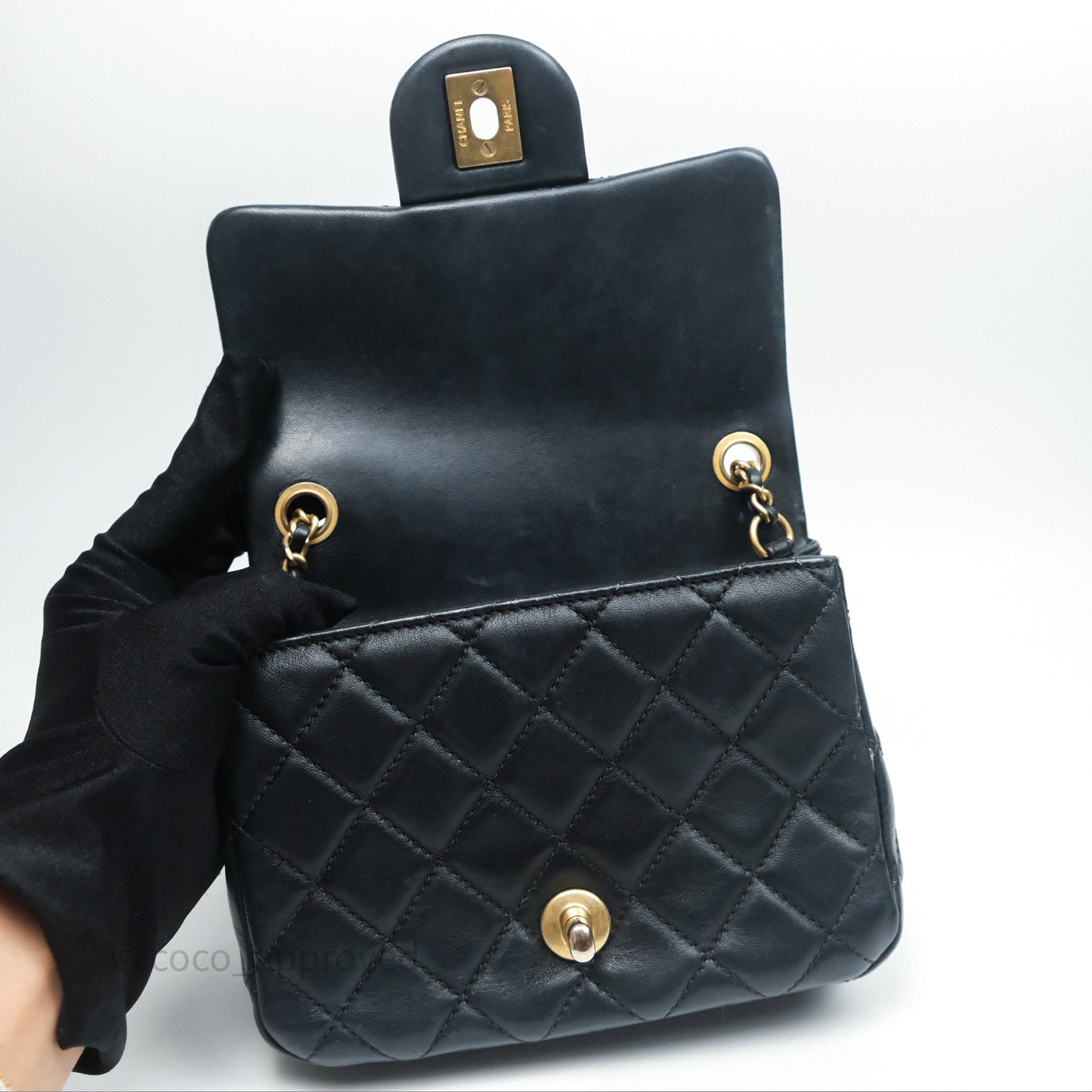 Chanel Pearl Crush Mini Square Quilted Black Lambskin Aged Gold Hardware