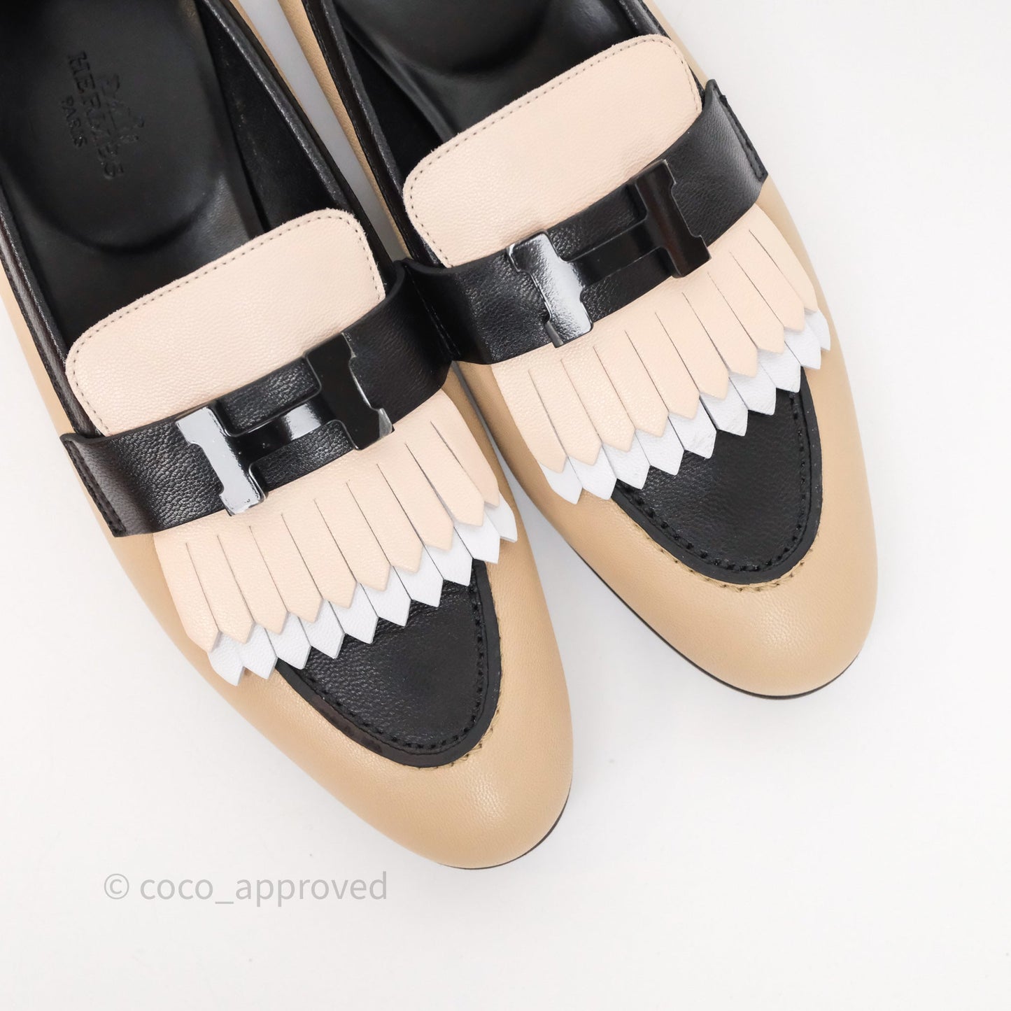 Hermès Royal Loafers Beige Calfskin Black/White Accents Size 37.5