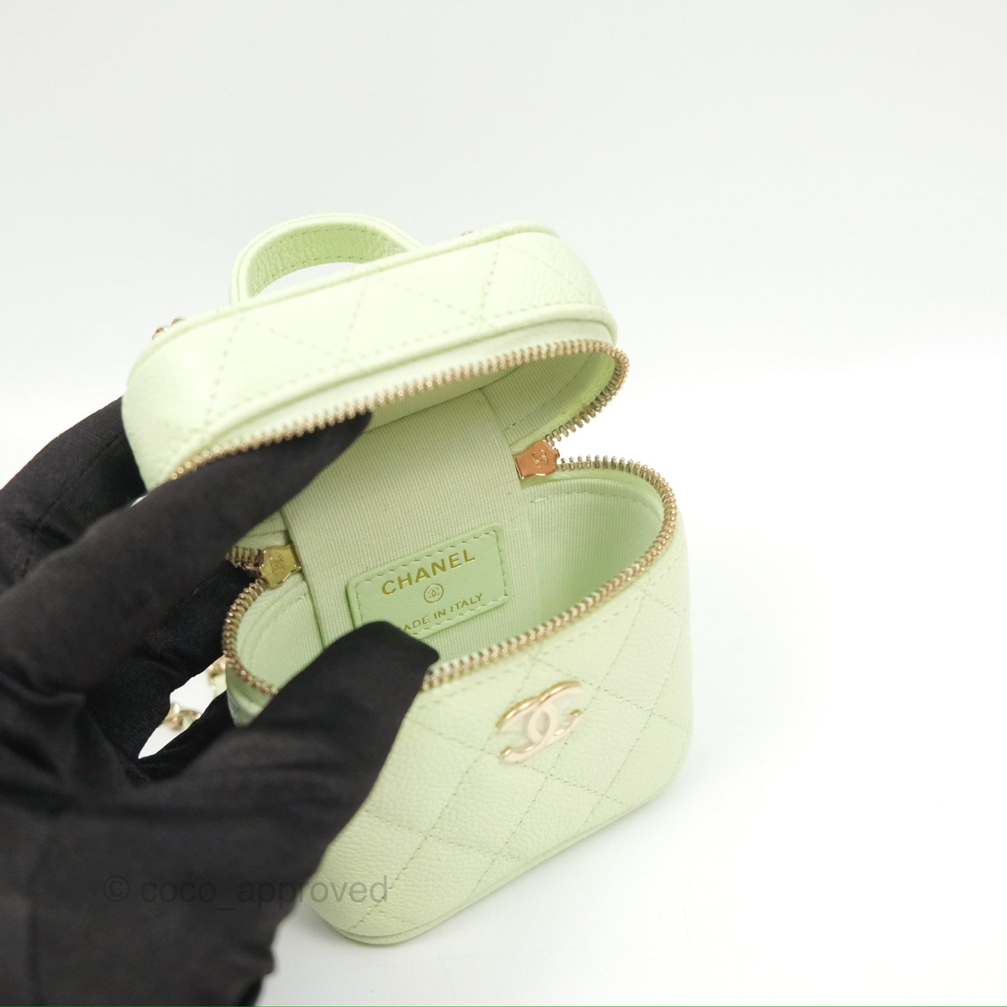 Chanel Quilted Small Handle With Care Vanity Case With Chain Green Caviar Gold Hardware