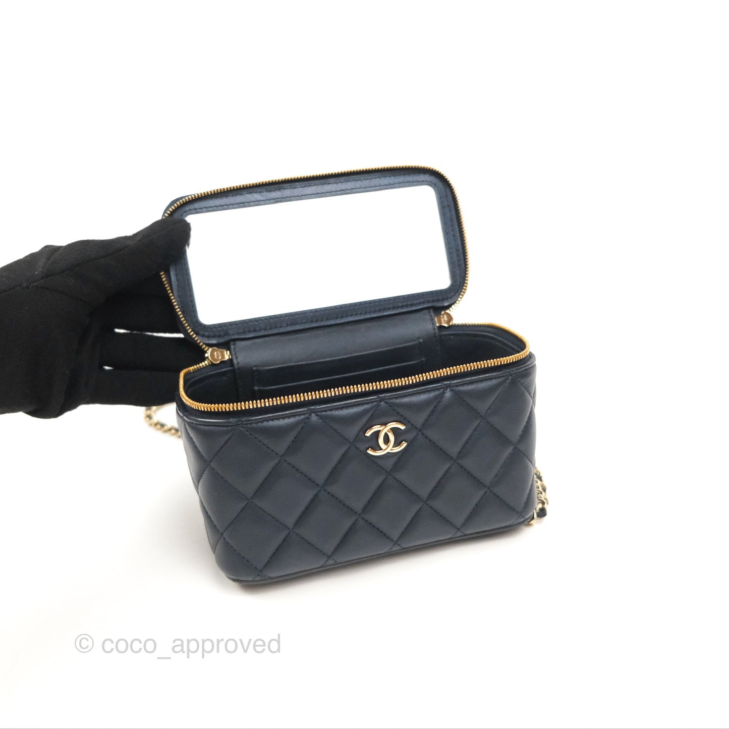 Chanel Vanity Rectangular Top Handle Iridescent Navy Lambskin Gold Hardware