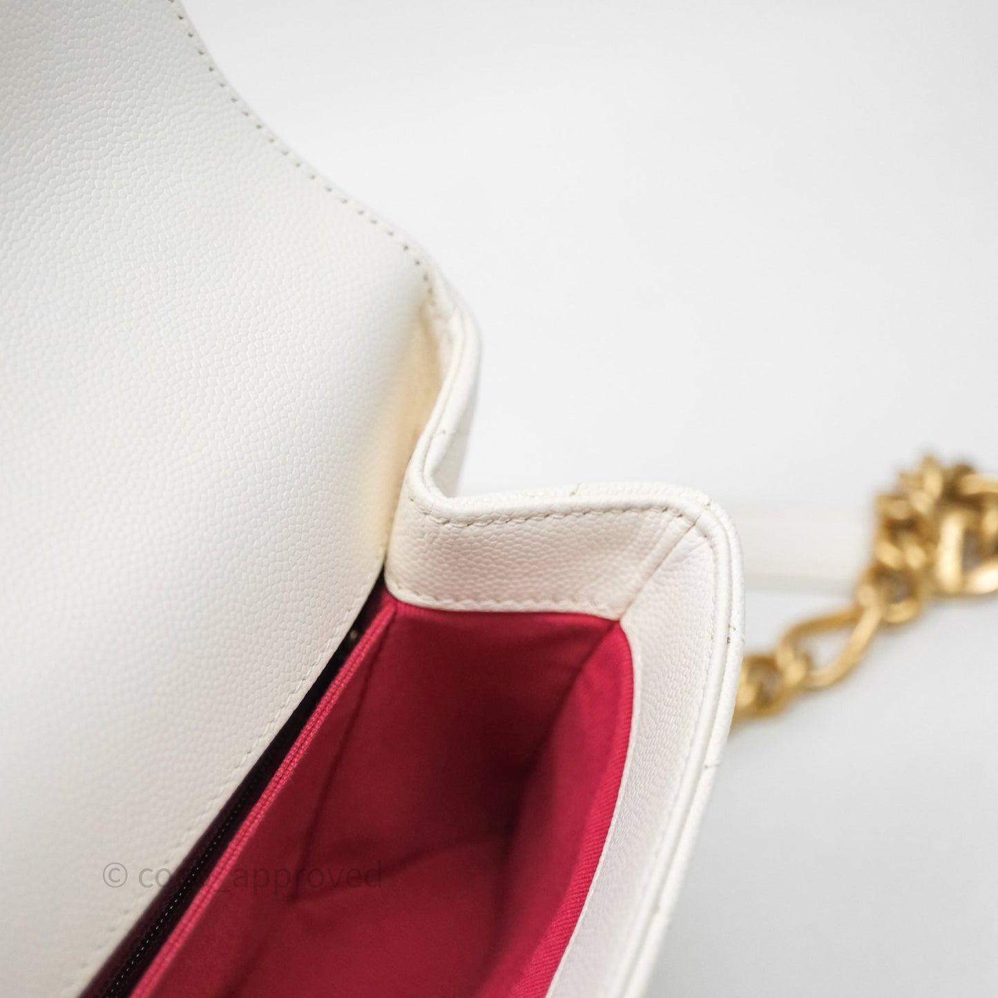 Chanel Bracelet On Chain Small Flap Bag White Caviar Aged Gold Hardware