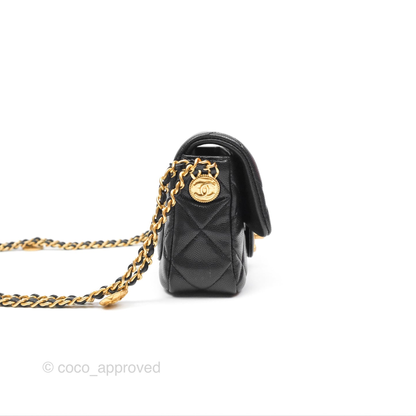 Chanel Mini Flap with Coin Charm Black Caviar Aged Gold Hardware 22A