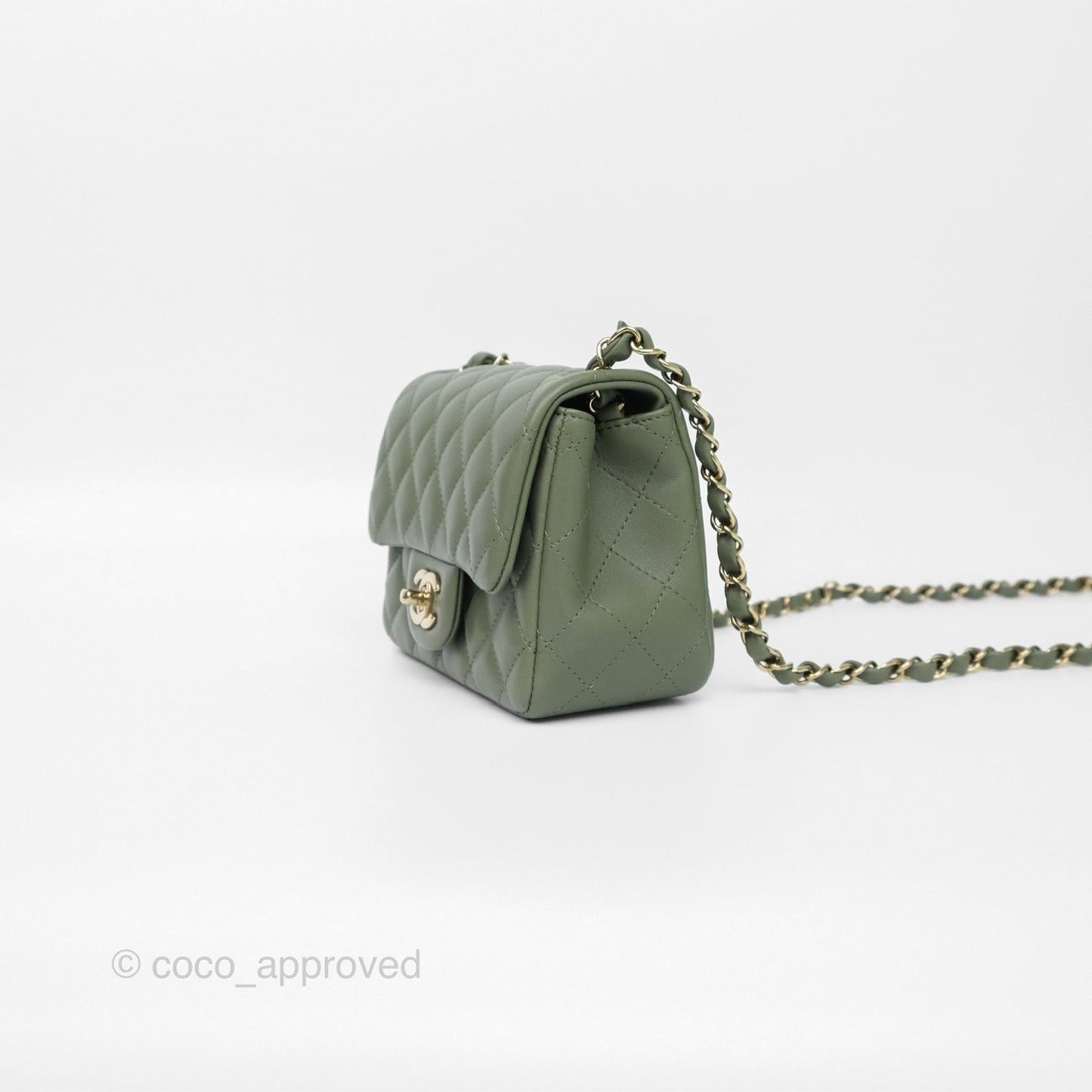Chanel Mini Square Flap Quilted Olive Green Lambskin Gold Hardware