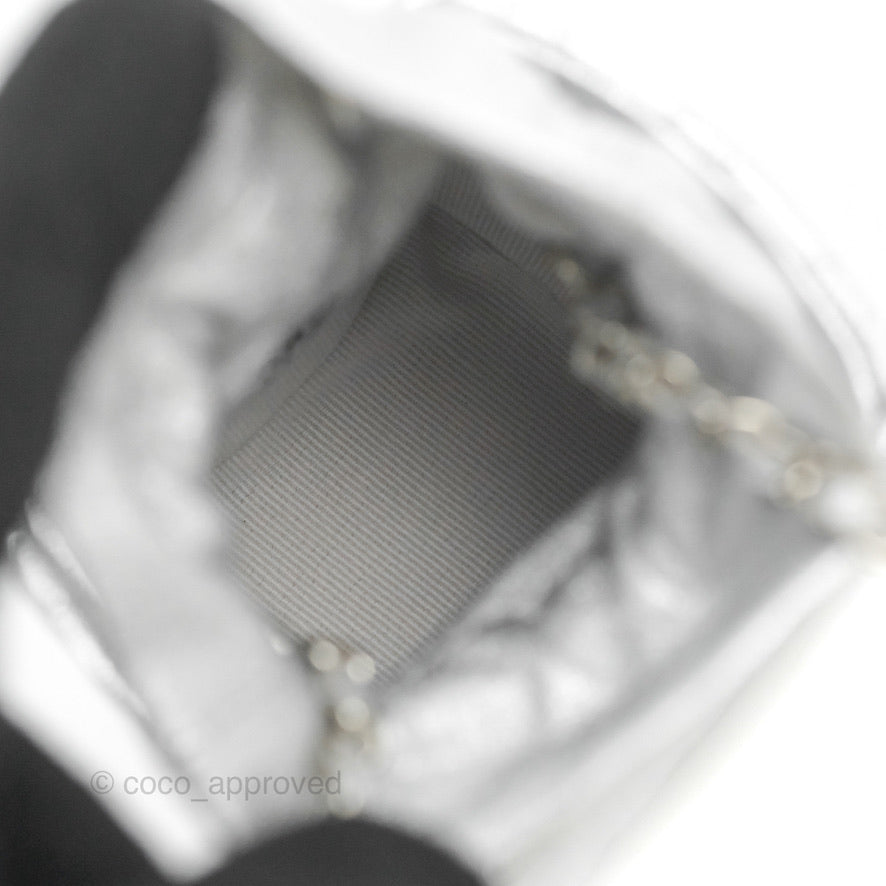 Chanel Mini Drawstring Bucket Bag with Chain Metallic Silver Calfskin Silver Hardware