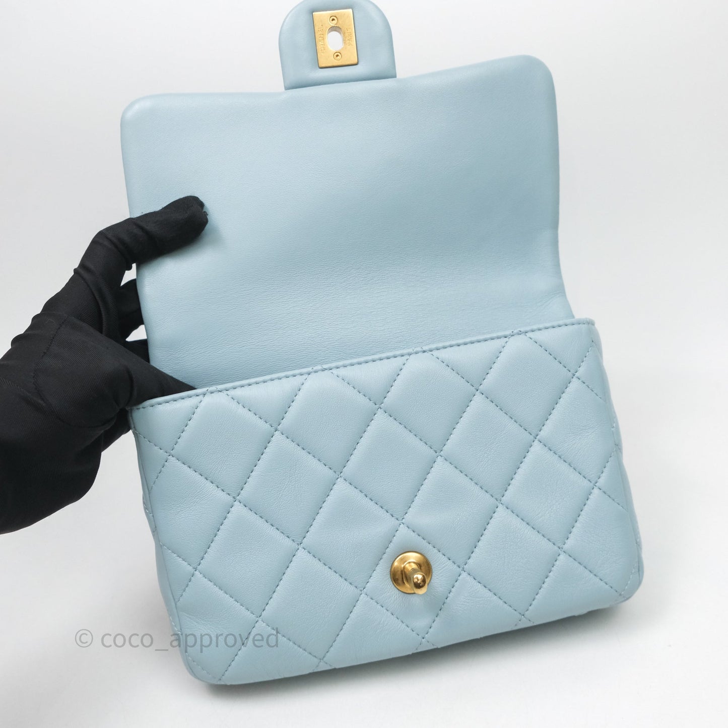 Chanel Quilted Enamel Pending CC Small Square Flap Baby Blue Lambskin