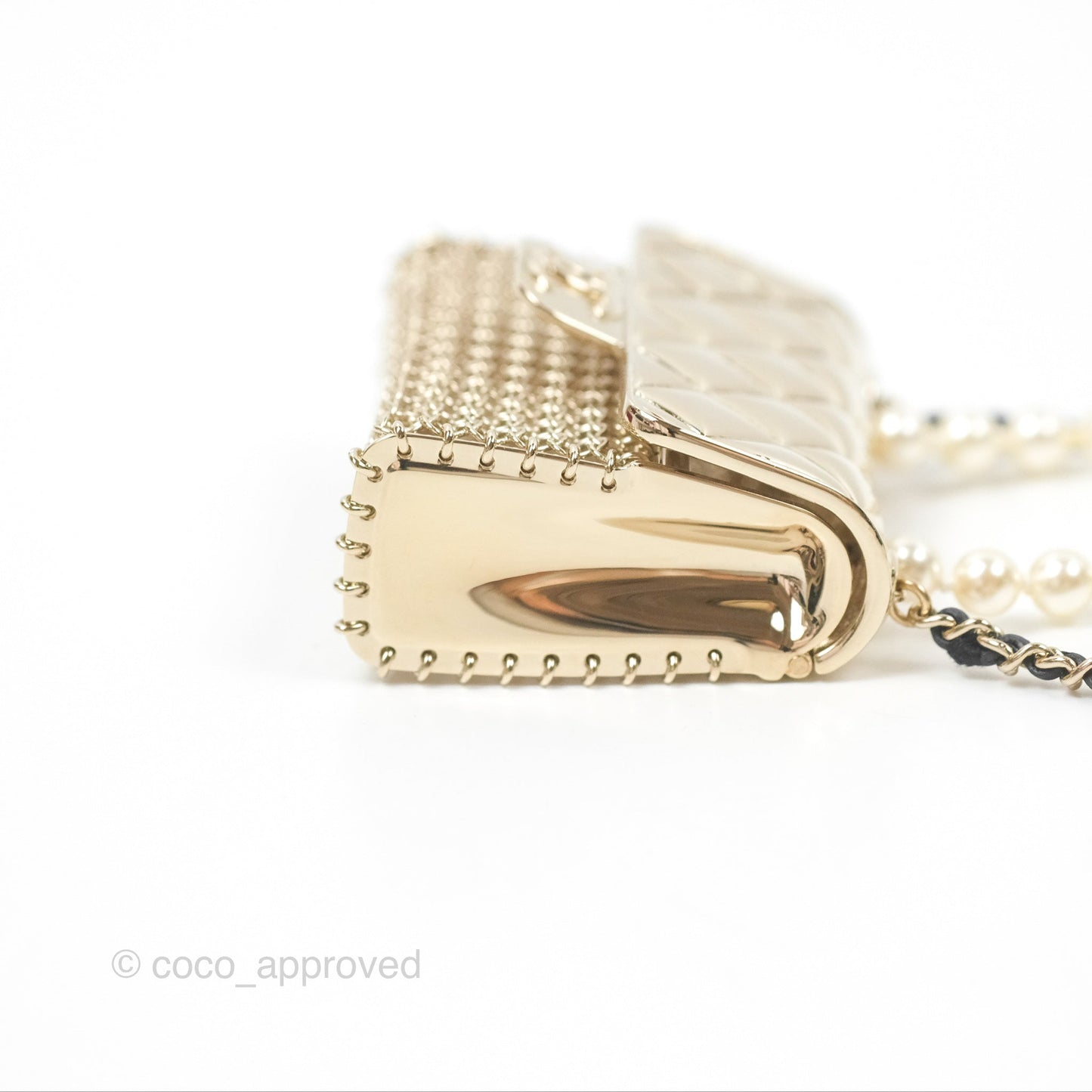 Chanel Flap Bag Charm Pearl Chain Black Leather Long Necklace Gold Tone 21S