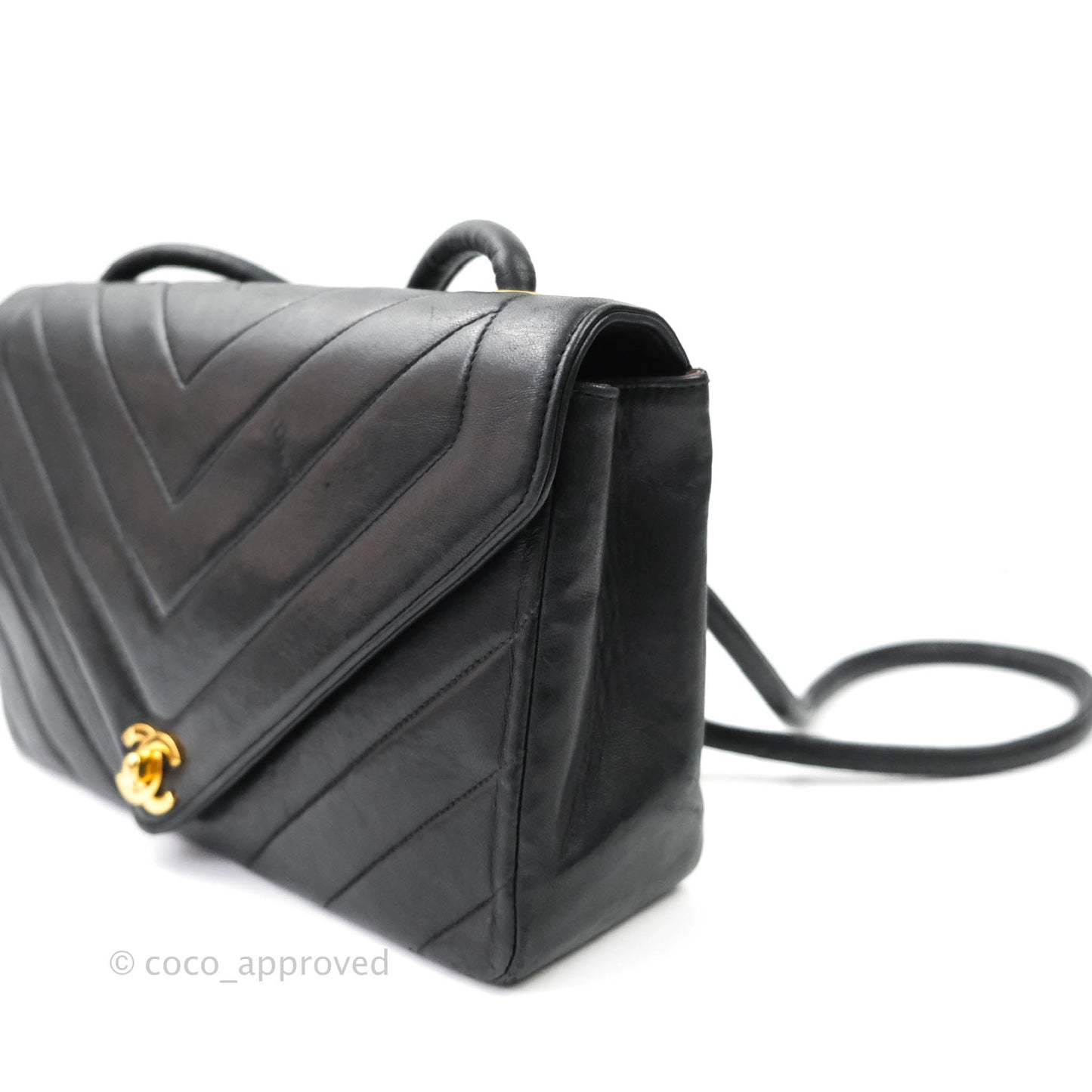 Chanel Vintage Chevron Black Single Flap Lambskin 24K Gold Hardware