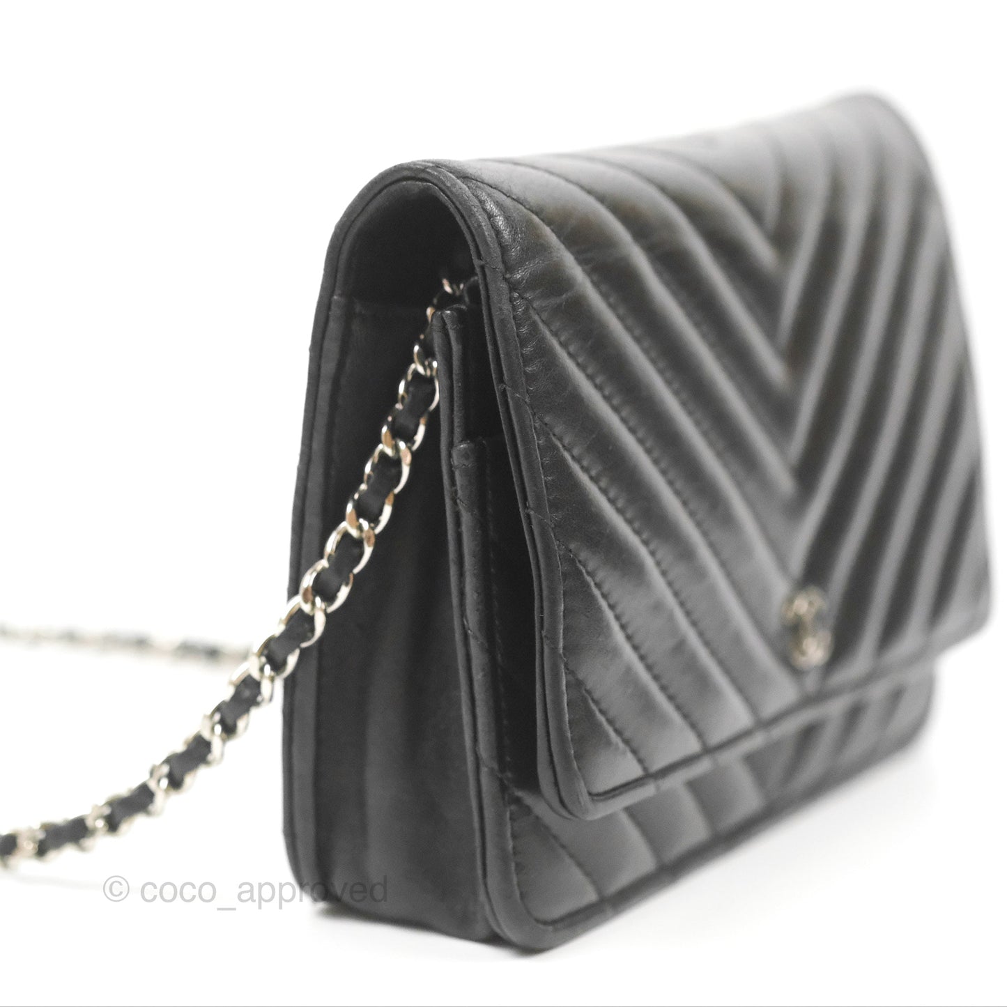 Chanel Classic Chevron Wallet on Chain WOC Black Lambskin Silver Hardware