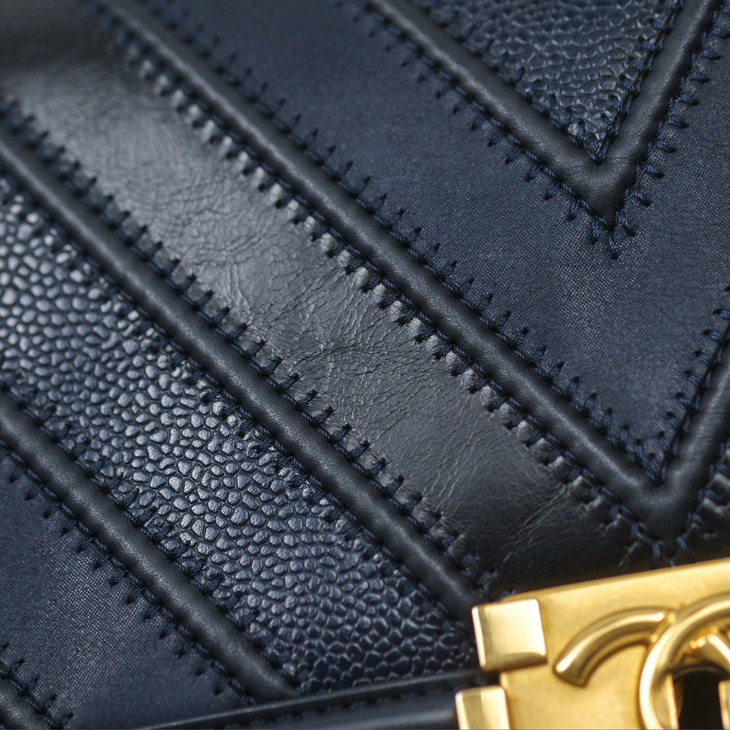 Chanel Medium Boy Chevron Navy Caviar/ Calfskin/ Suede Aged Gold Hardware