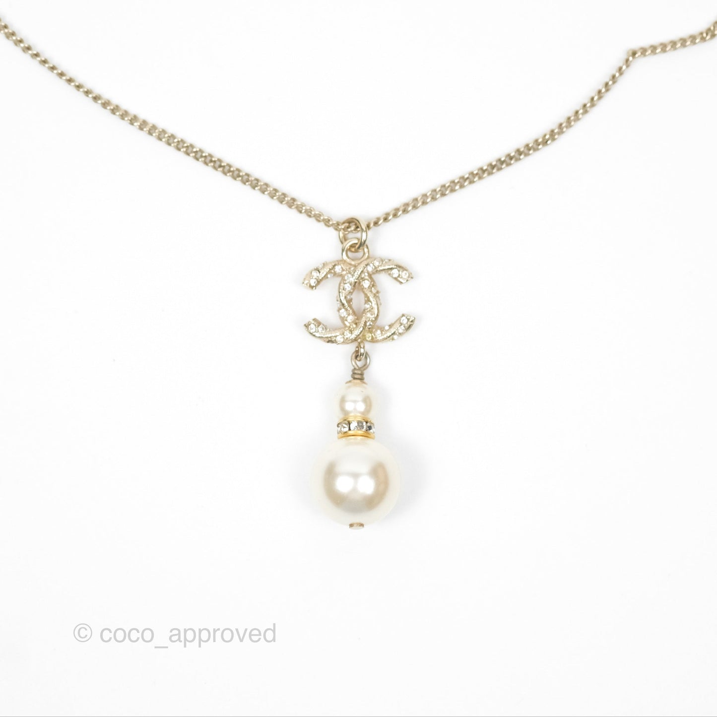 Chanel Crystal Pearl CC Drop Necklace Gold Tone 18B