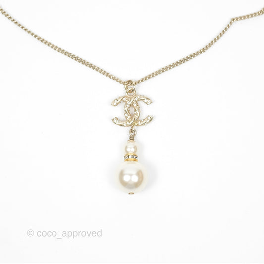 Chanel Crystal Pearl CC Drop Necklace Gold Tone 18B