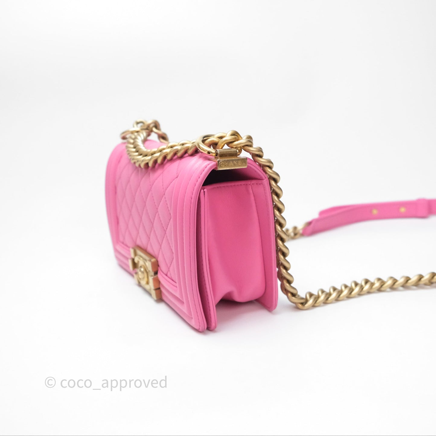 Chanel Small Boy Pink Calfskin Aged Gold Hardware