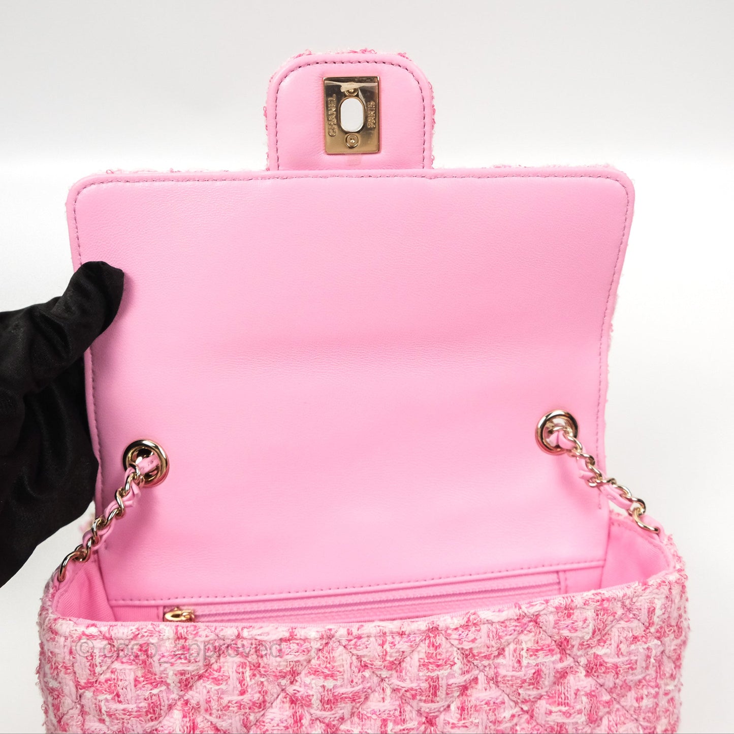 Chanel Flap Bag with Heart Resin Charm Chain Pink Tweed Gold Hardware