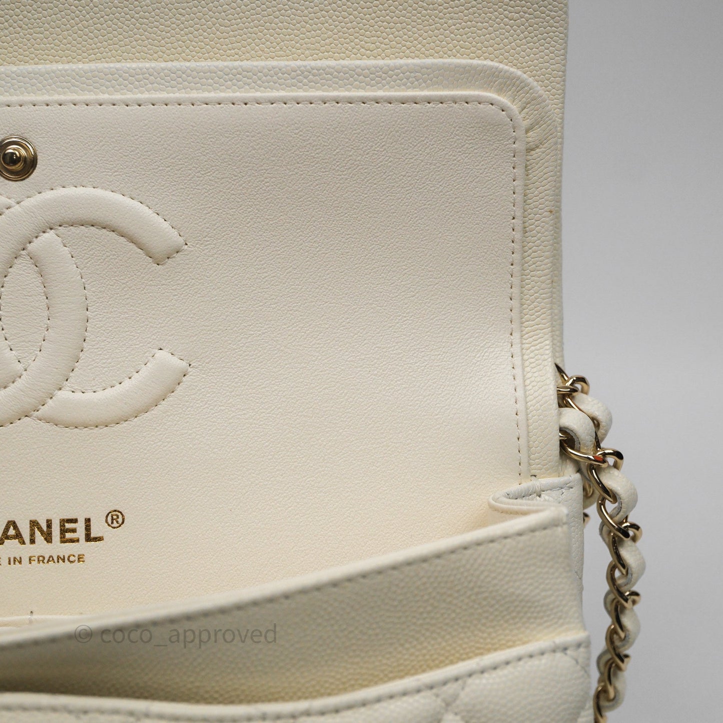 Chanel Classic M/L Medium Flap Quilted Ivory White Caviar Gold Hardware