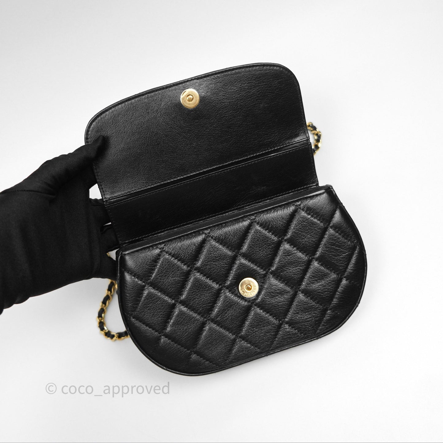Chanel Quilted Phone Holder with Chain Black Shiny Calfskin Gold Hardware 23A