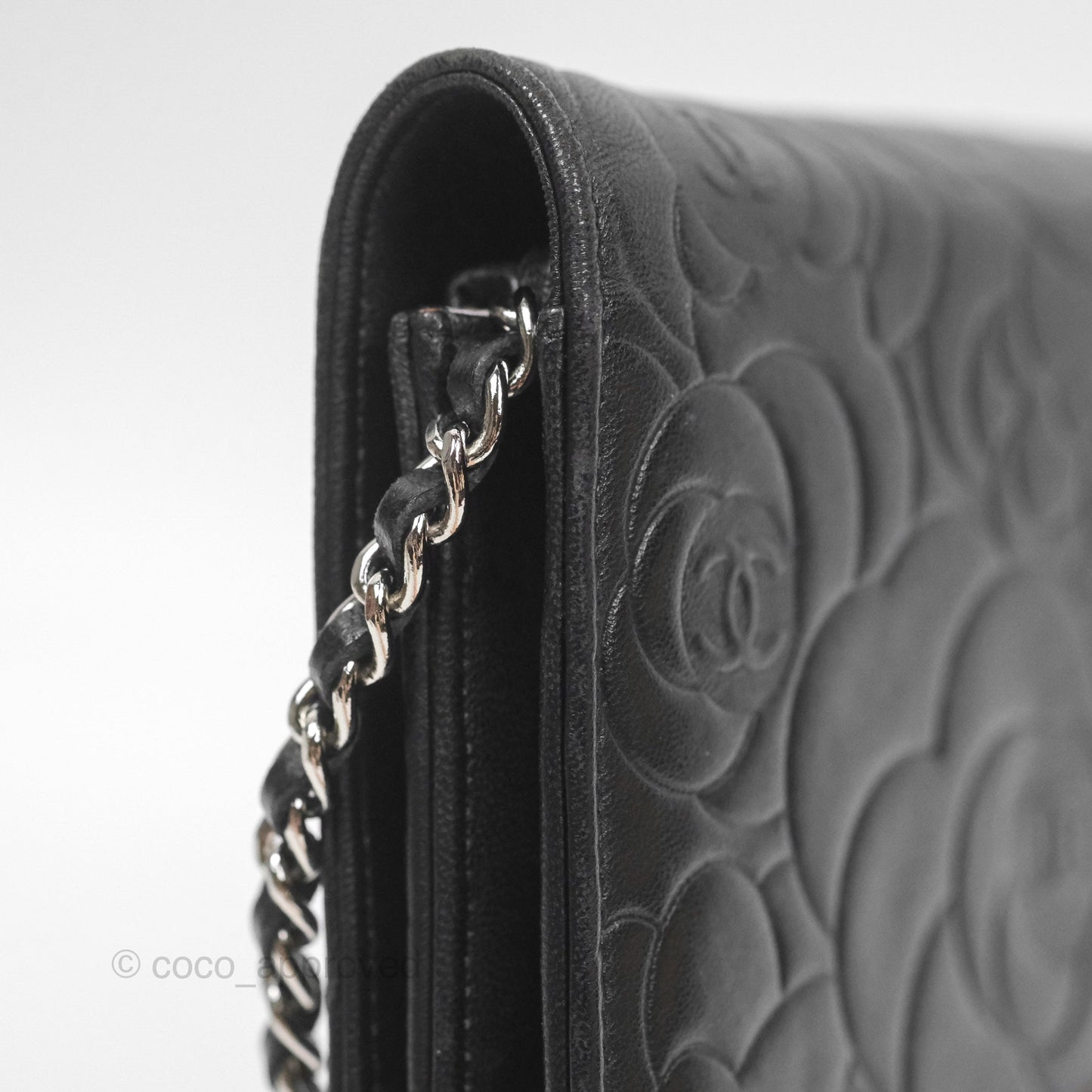 Chanel Camellia Embossed Wallet on Chain WOC Black Lambskin Silver Hardware