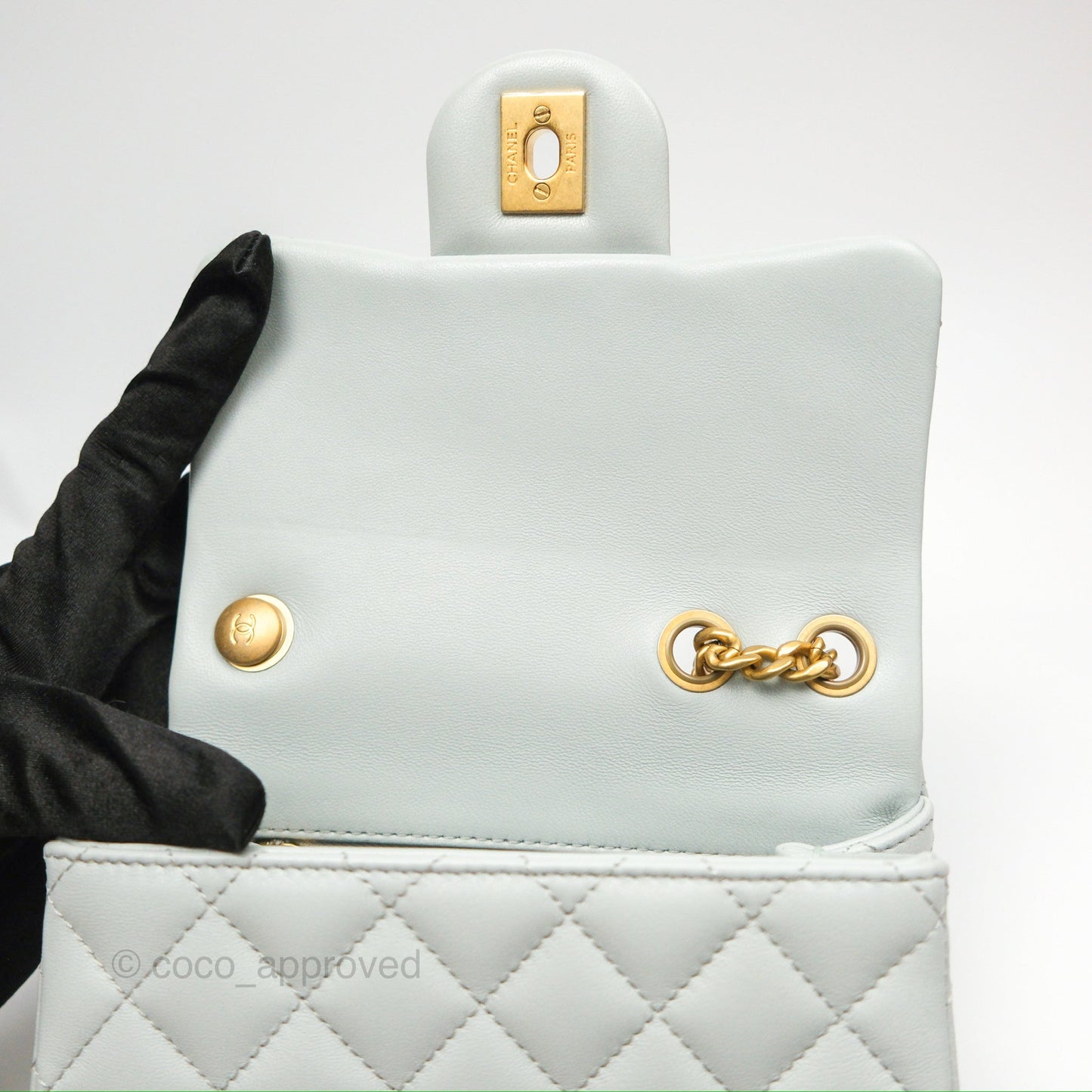 Chanel Quilted Mini Square Flap with Camellia Adjustable Chain Blue Clair Lambskin 23S