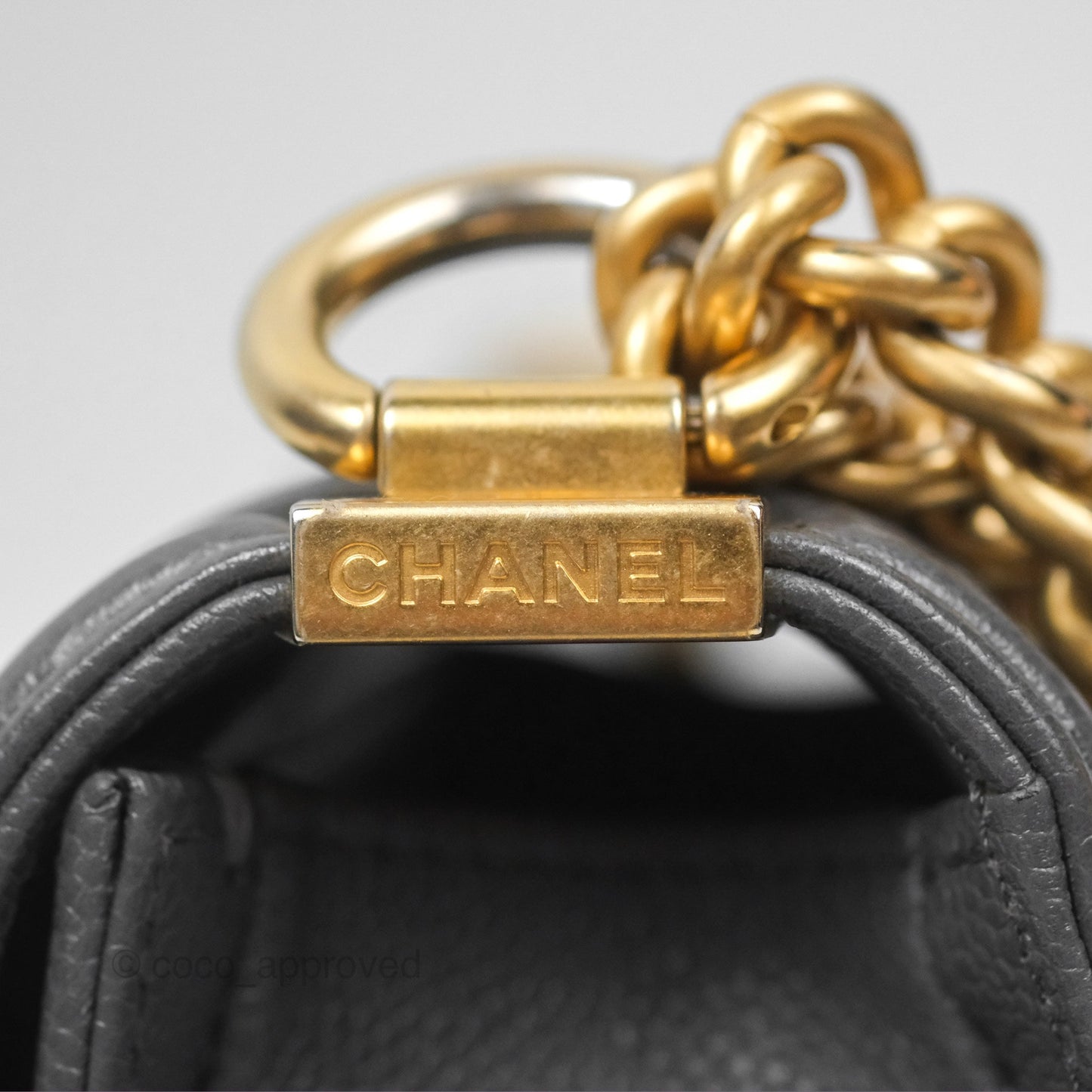 Chanel Boy Messenger Bag Grey Caviar Aged Gold Hardware