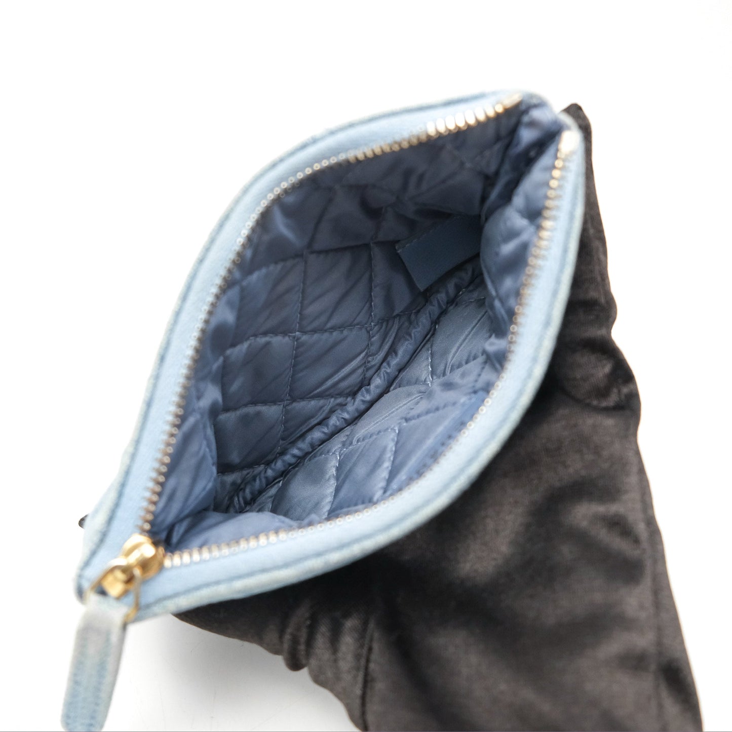Chanel Mini Reissue O Case Quilted Light Blue Denim Aged Gold Hardware