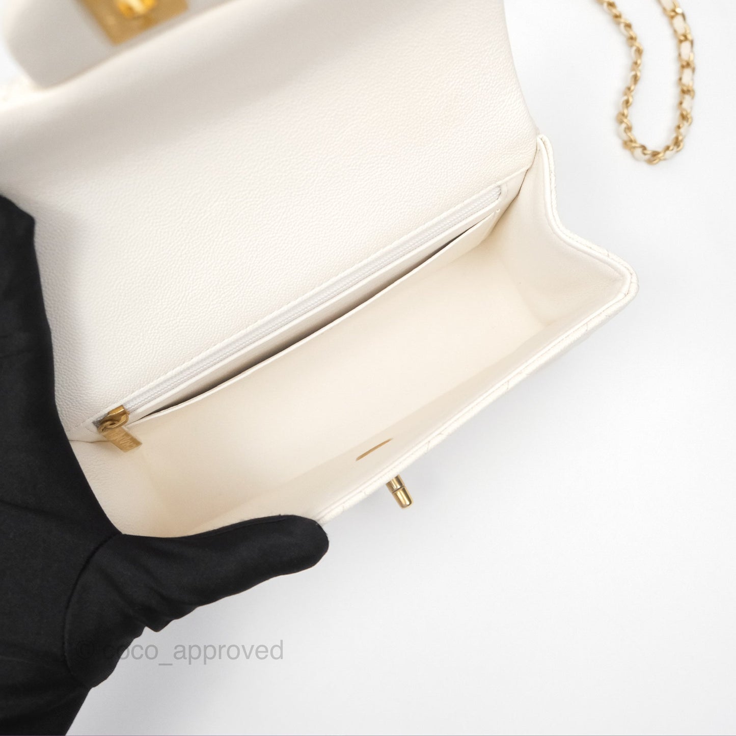 Chanel Top Handle Mini Rectangular Flap Bag Ivory White Caviar Aged Gold Hardware