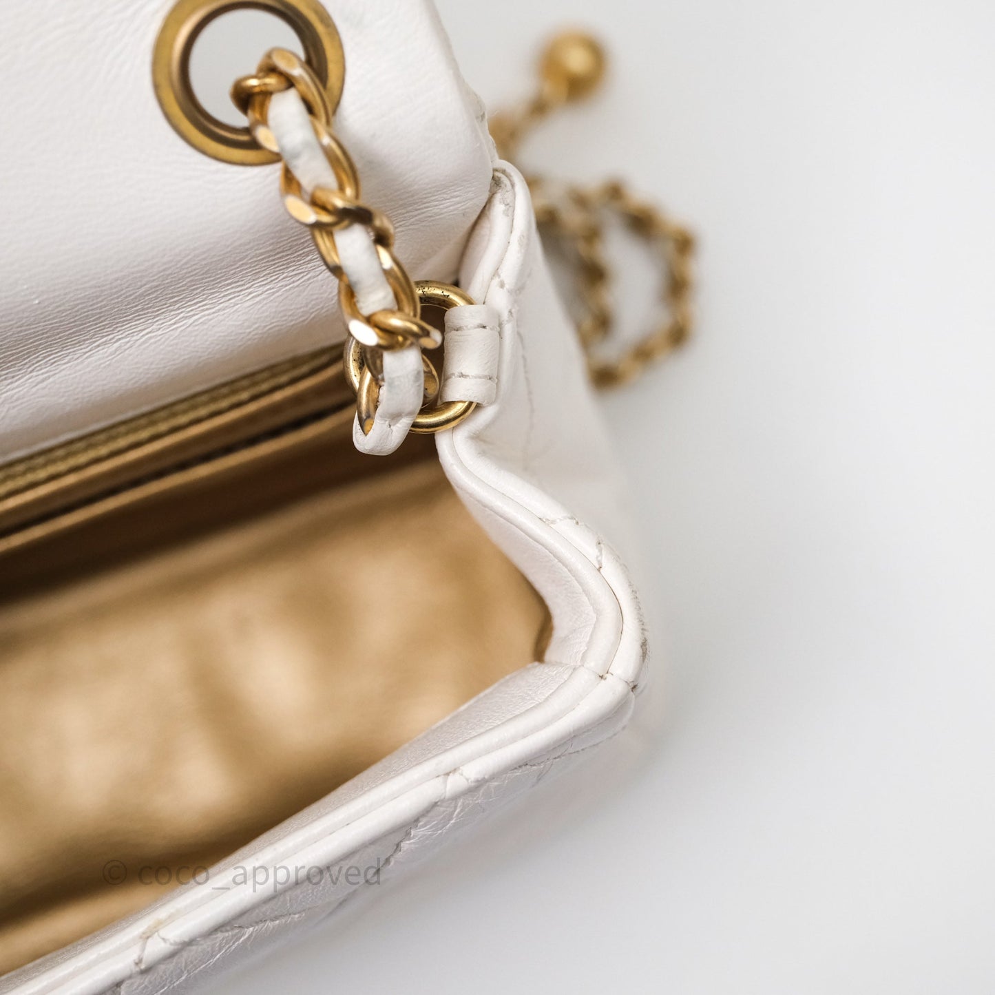 Chanel Mini Rectangular Pearl Crush Quilted White Lambskin Aged Gold Hardware
