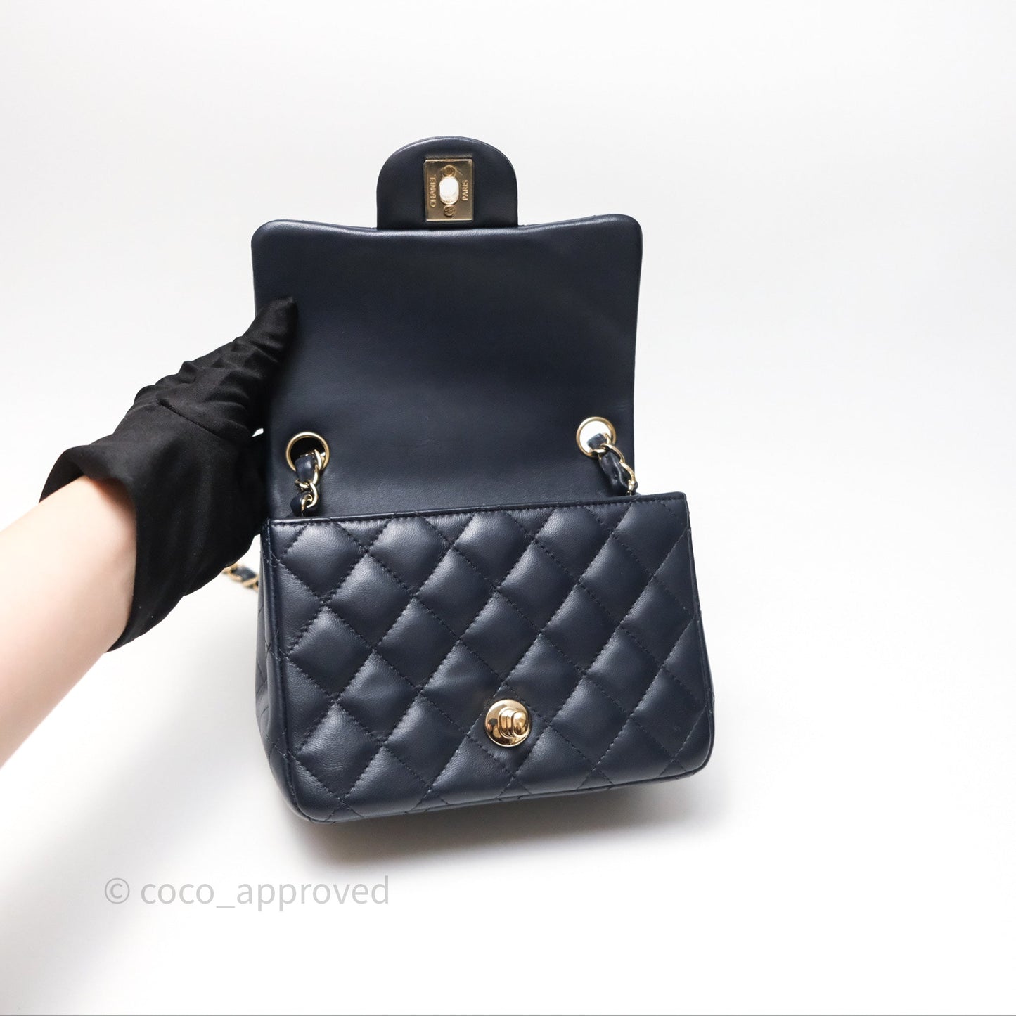 Chanel Mini Square Flap Quilted Navy Lambskin Gold Hardware