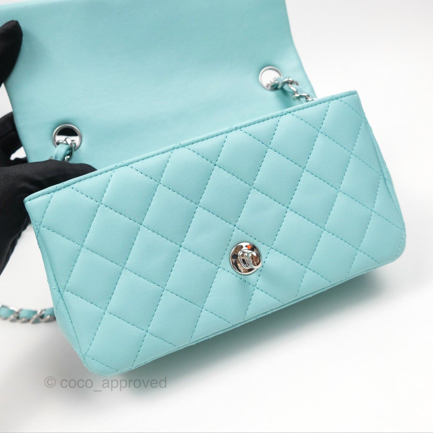 Chanel Quilted Mini Rectangular Flap Tiffany Blue Lambskin Silver Hardware