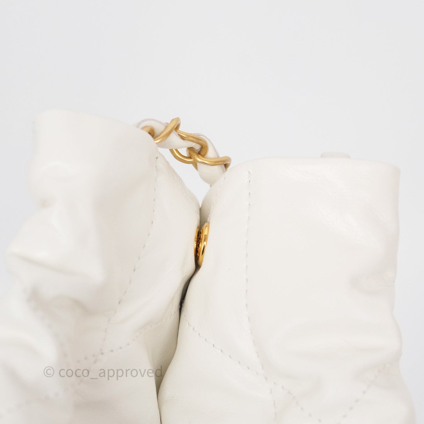 Chanel 22 Small White Aged Calfskin Black Logo Aged Gold Hardware