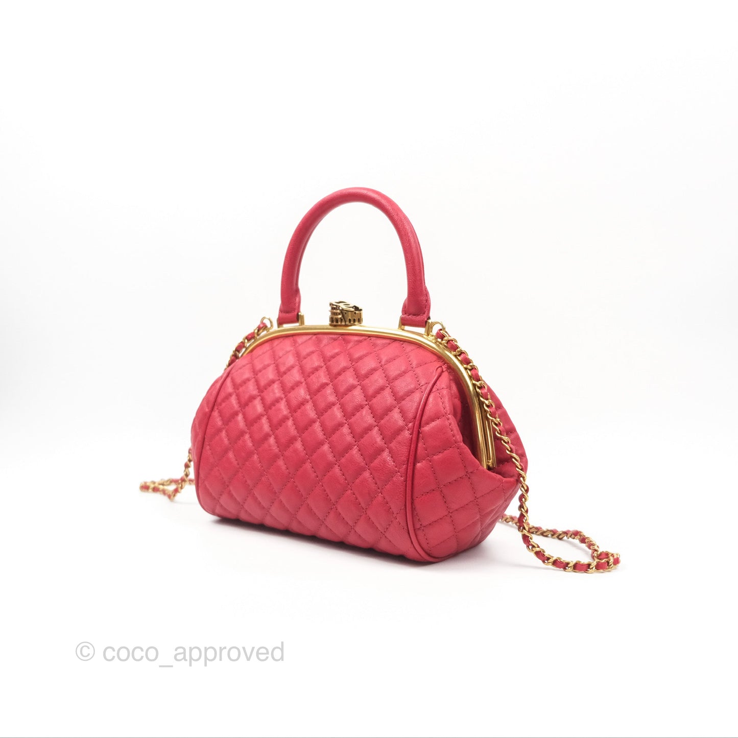 Chanel Quilted Kisslock Handbag With Chain Red Calfskin Gold Hardware