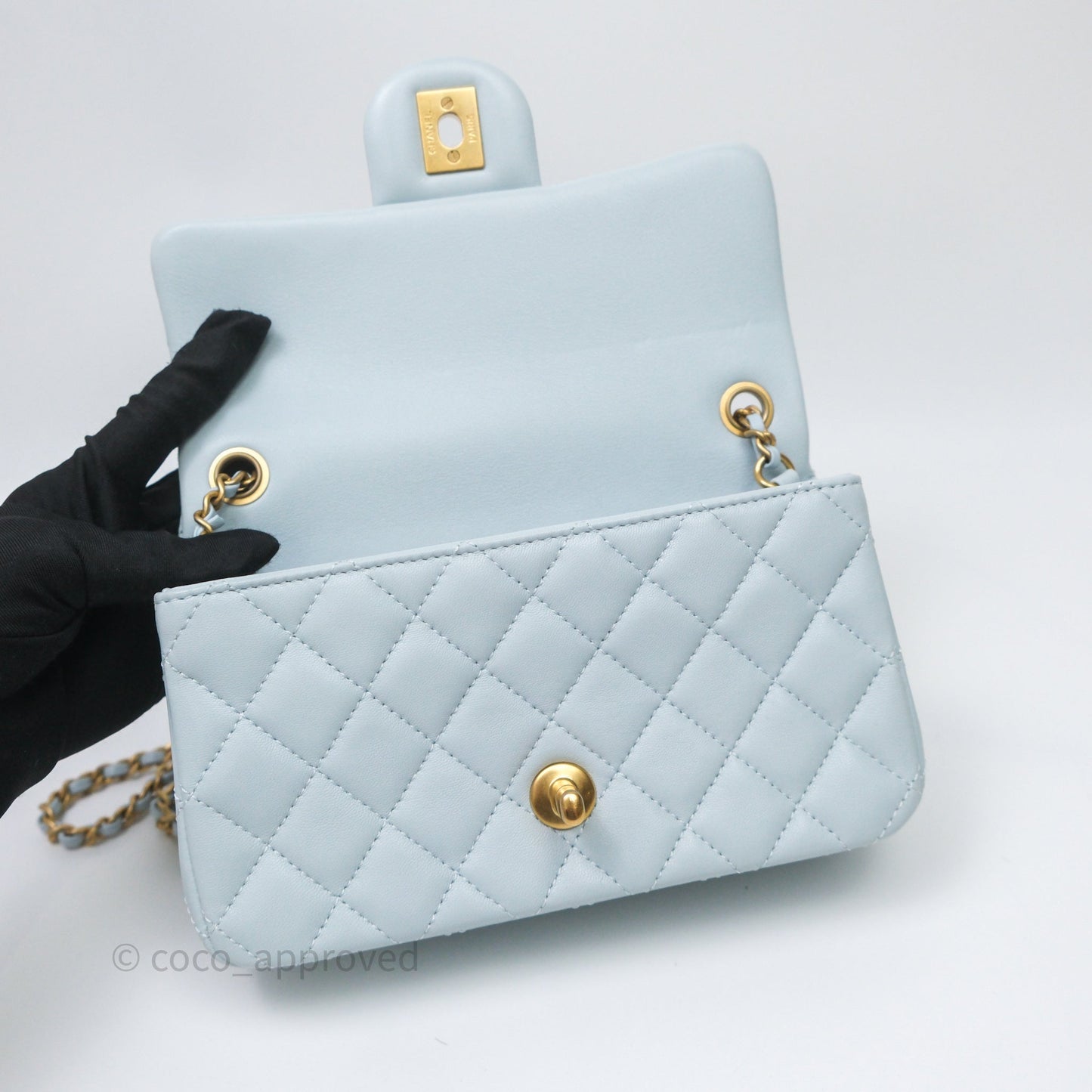 Chanel Pearl Crush Mini Rectangular Light Blue Lambskin Aged Gold Hardware