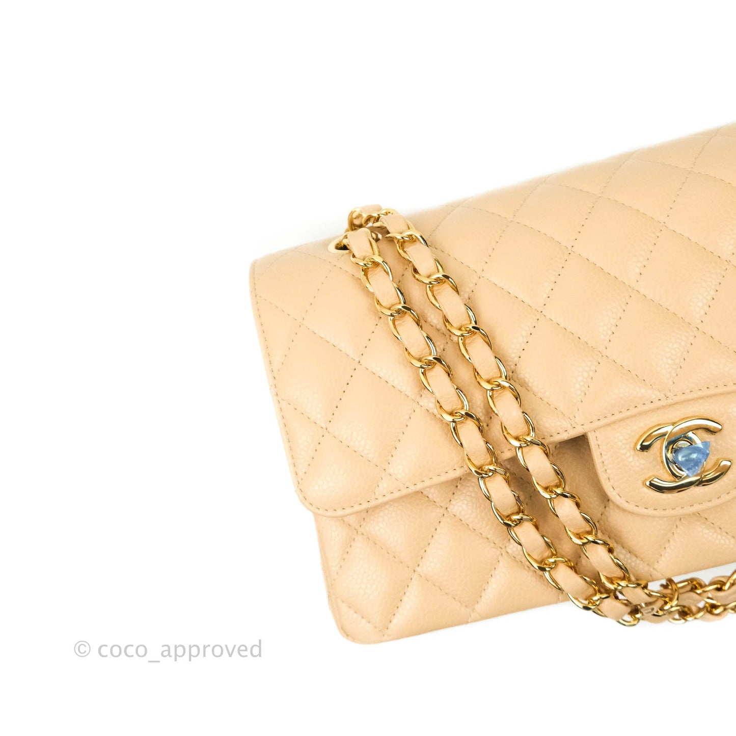 Chanel M/L Medium Quilted Caviar Double Flap Beige Gold Hardware