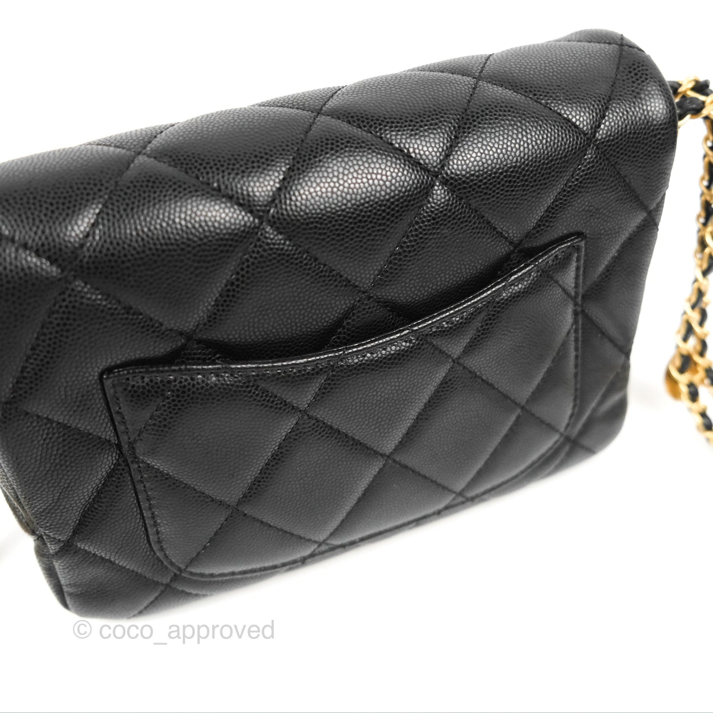 Chanel Small Flap with Coin Charm Black Caviar Aged Gold Hardware 22A