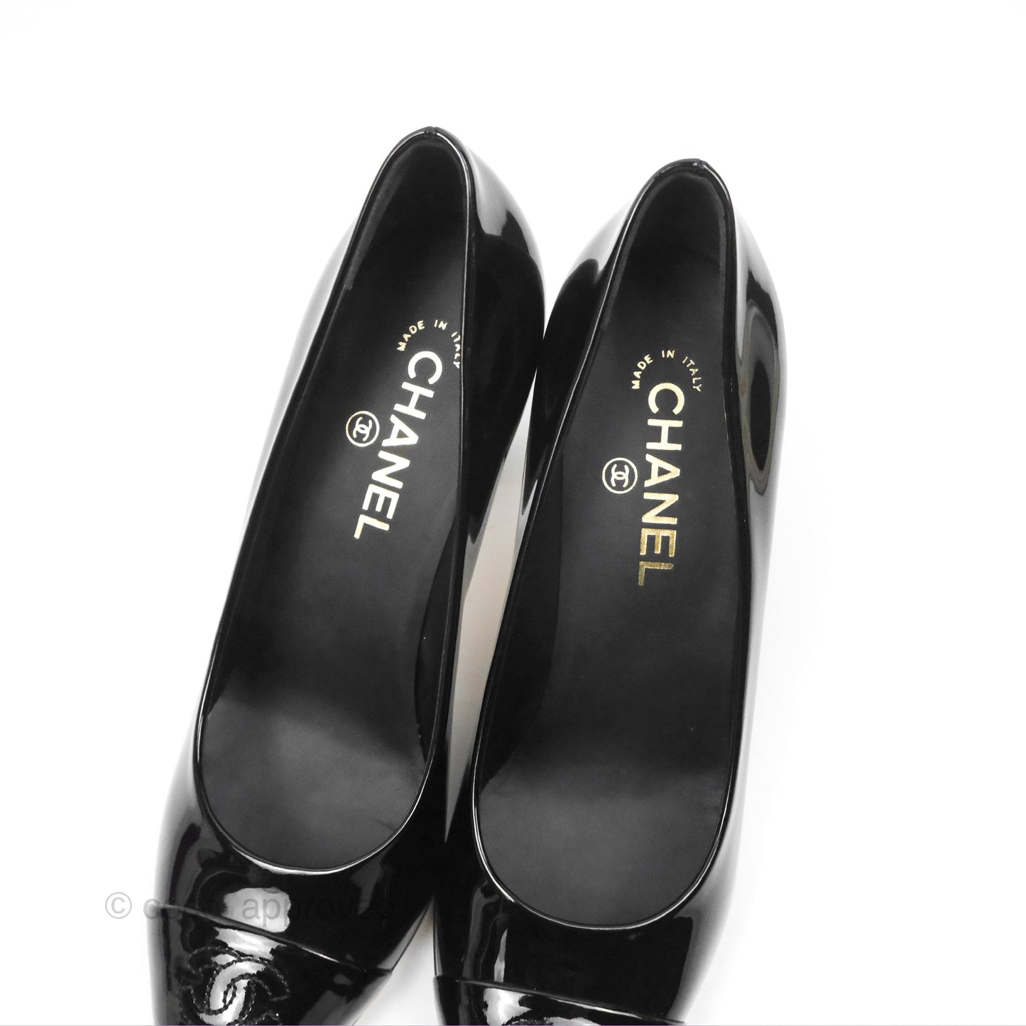 Chanel CC Pointed Toe Heels Black Patent