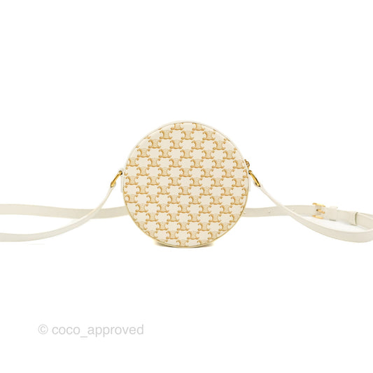 Celine Round Purse on Strap Triomphe Canvas White Calfskin