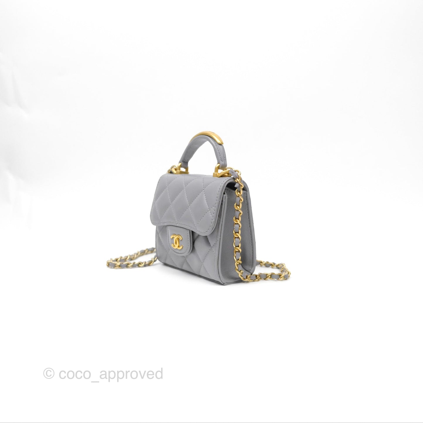 Chanel Mini Metal Handle Clutch With Chain Grey Lambskin Gold Hardware
